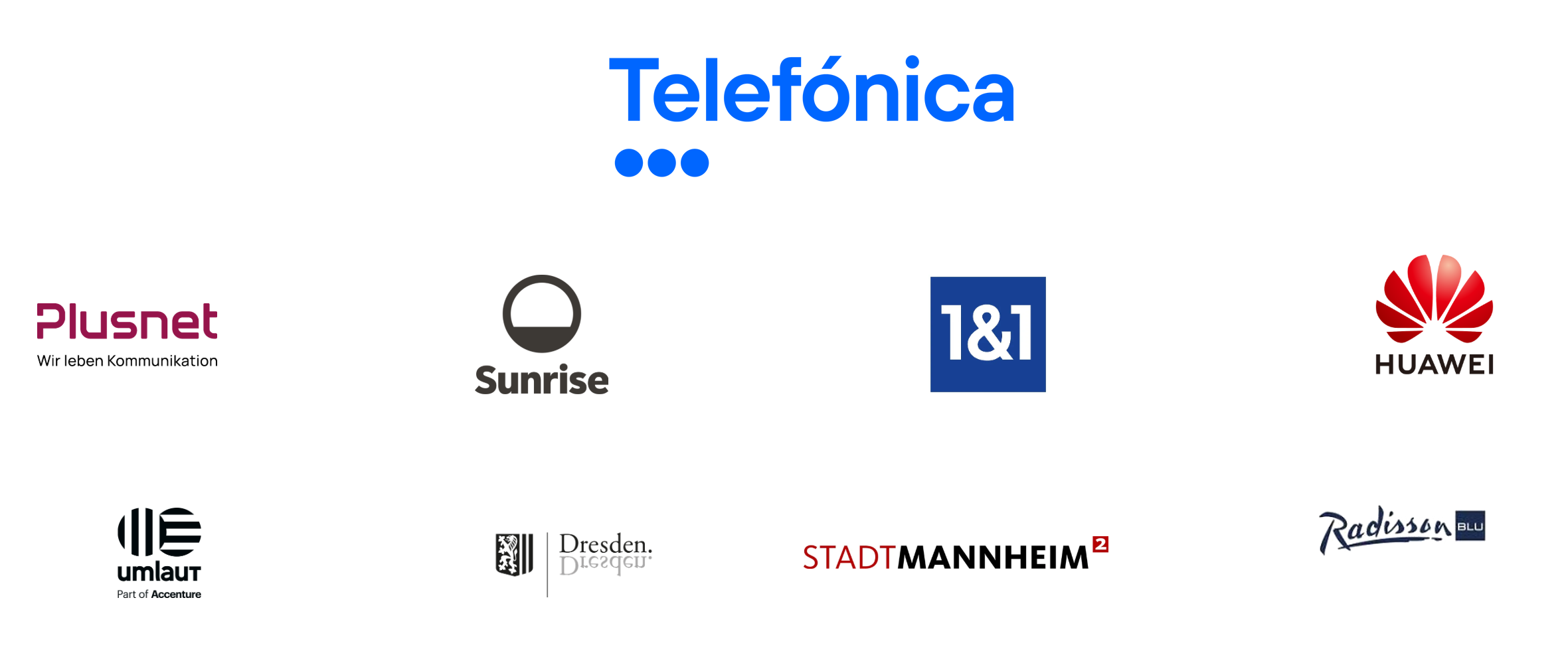 Logo-Collage von Telekom, Plusnet, Sunrise, 1&1, Huawei, umlaut, Dresden, Stadt Mannheim, Radisson Blu.