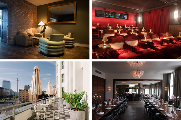 Vier verschiedene Innenräume: ein gemütliches Wohnzimmer mit Sessel und Spiegel, ein Kino mit roten Sitzen und Lampen, eine Dachterrasse mit Sonnenschirmen und Stadtblick, ein eleganter Speisesaal mit großem Tisch und Kronleuchter.