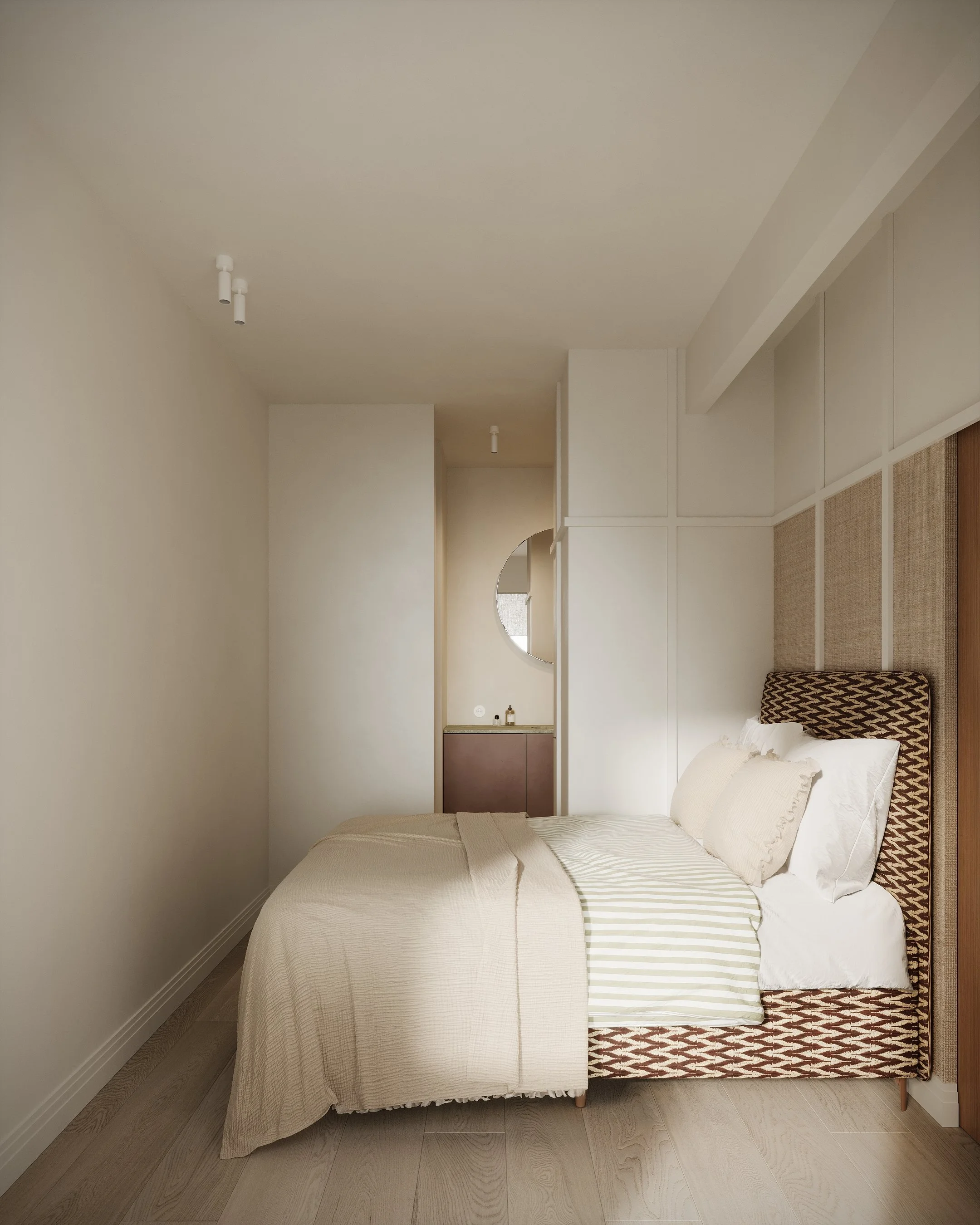 Minimalistische, rustige slaapkamer met maatwerk elementen en rustige, warme materialiteit.