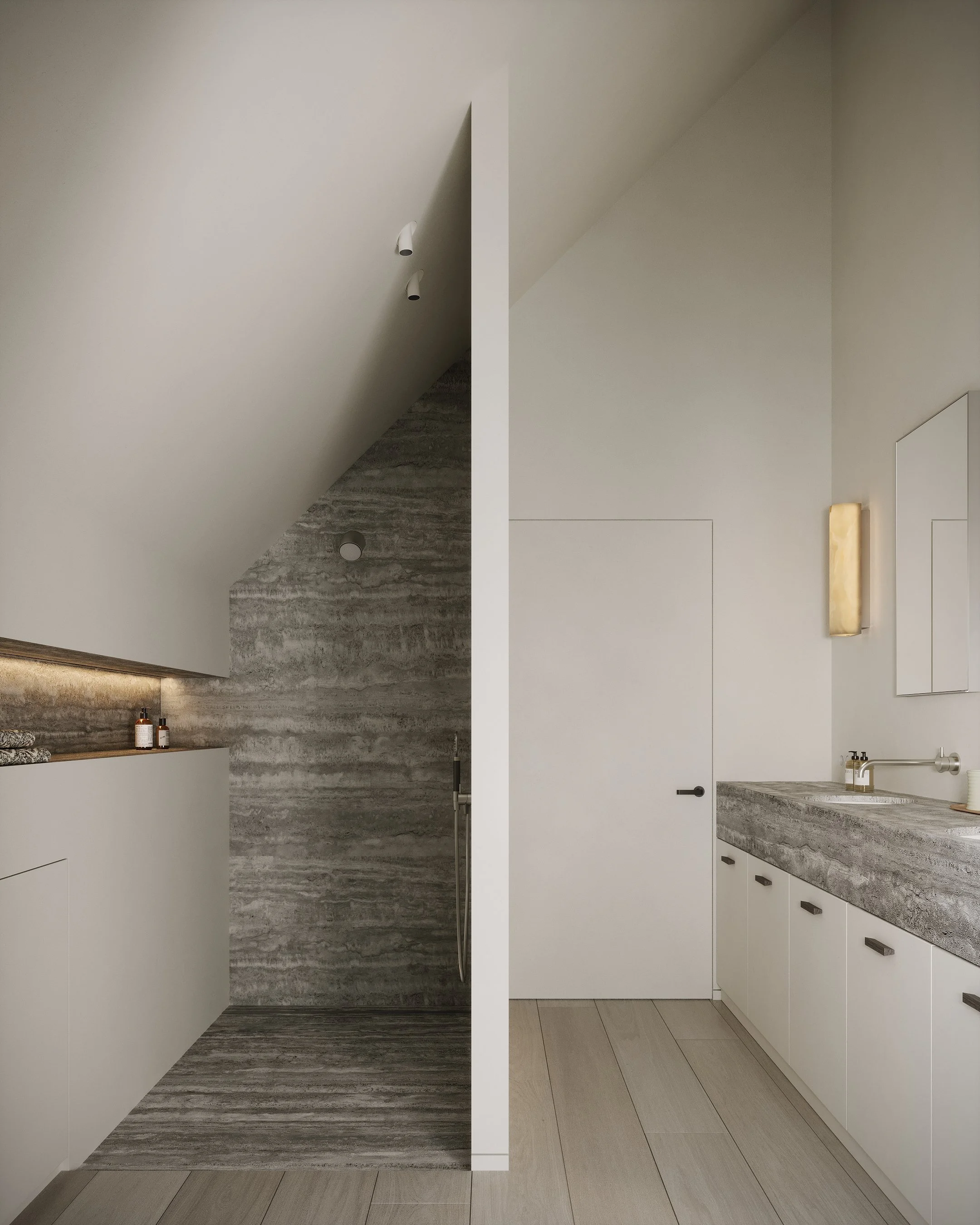 badkamer dsign van een studio in poolhouse waregem. Grijze tvavertin in combinatie me brede eiken parket.