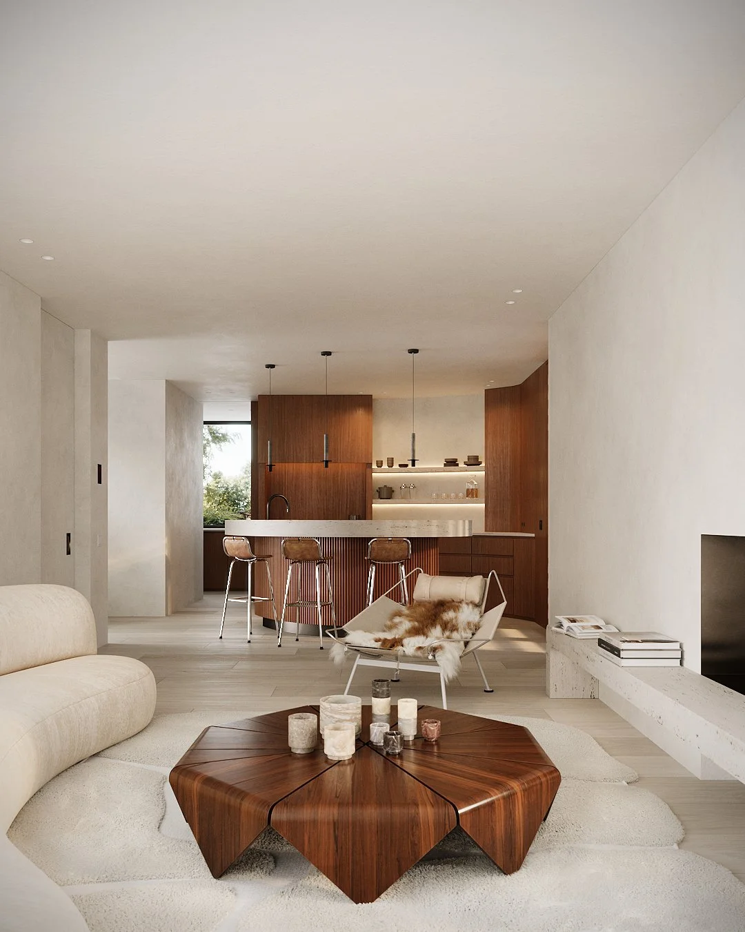 Interieur met sculpturale bar in afromosia hout en natuursteen, gecombineerd met eiken parket.