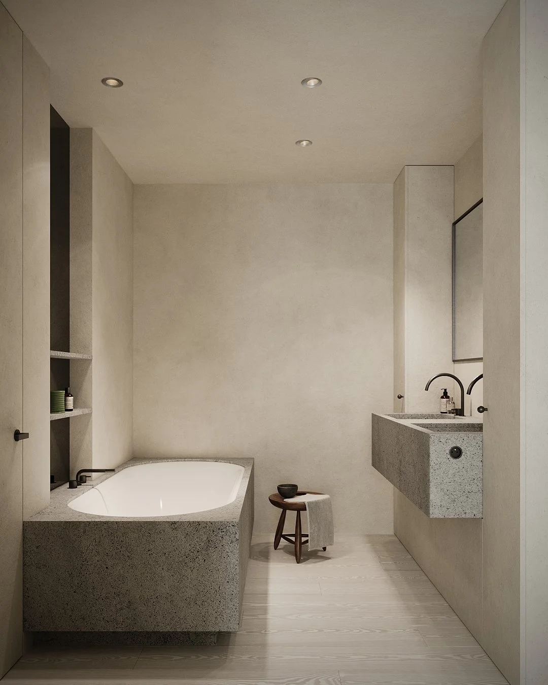 Badkamer met muschelkalk natuursteen, maatwerk wastafel en warme houtaccenten.