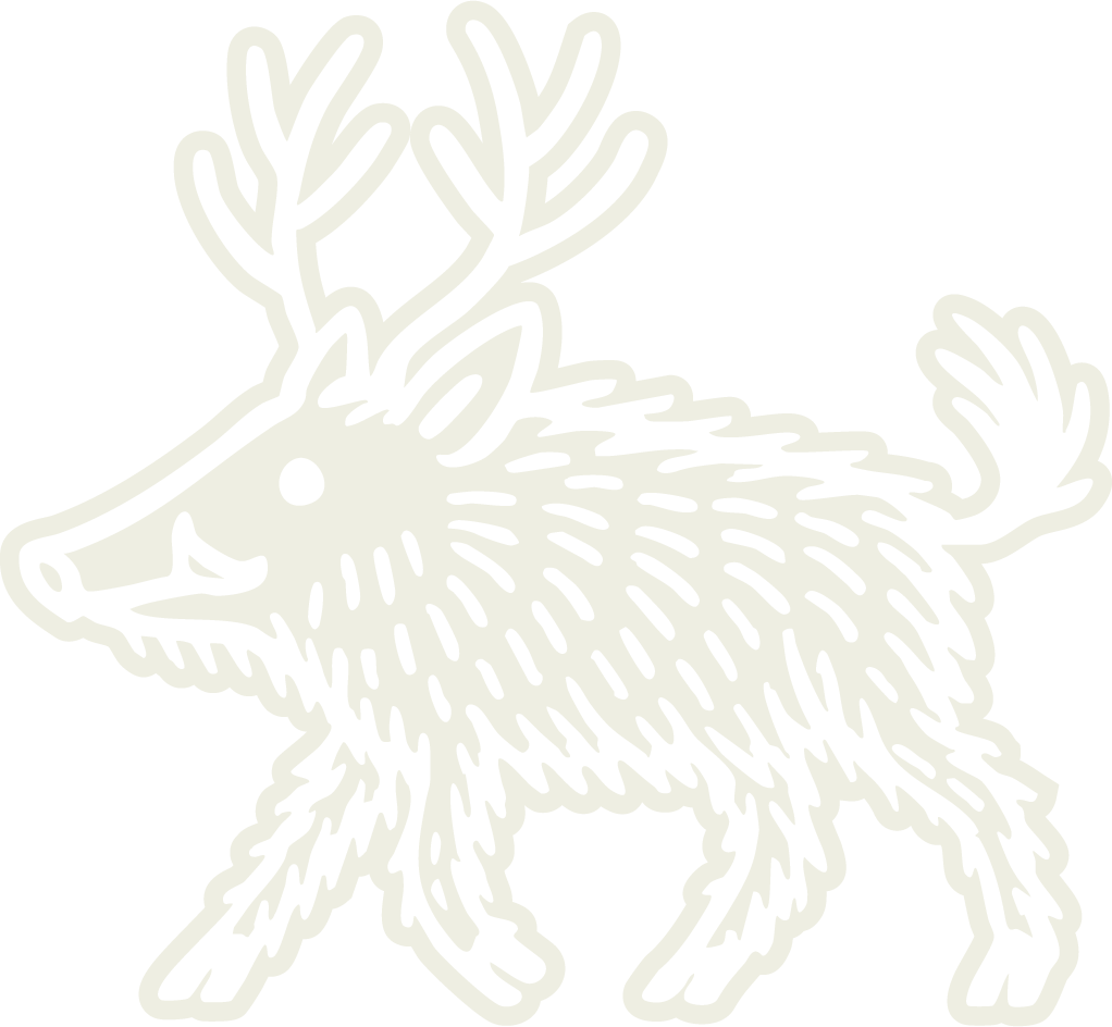 Line art drawing of a cartoon moose with antlers and fluffy tail on a black background.