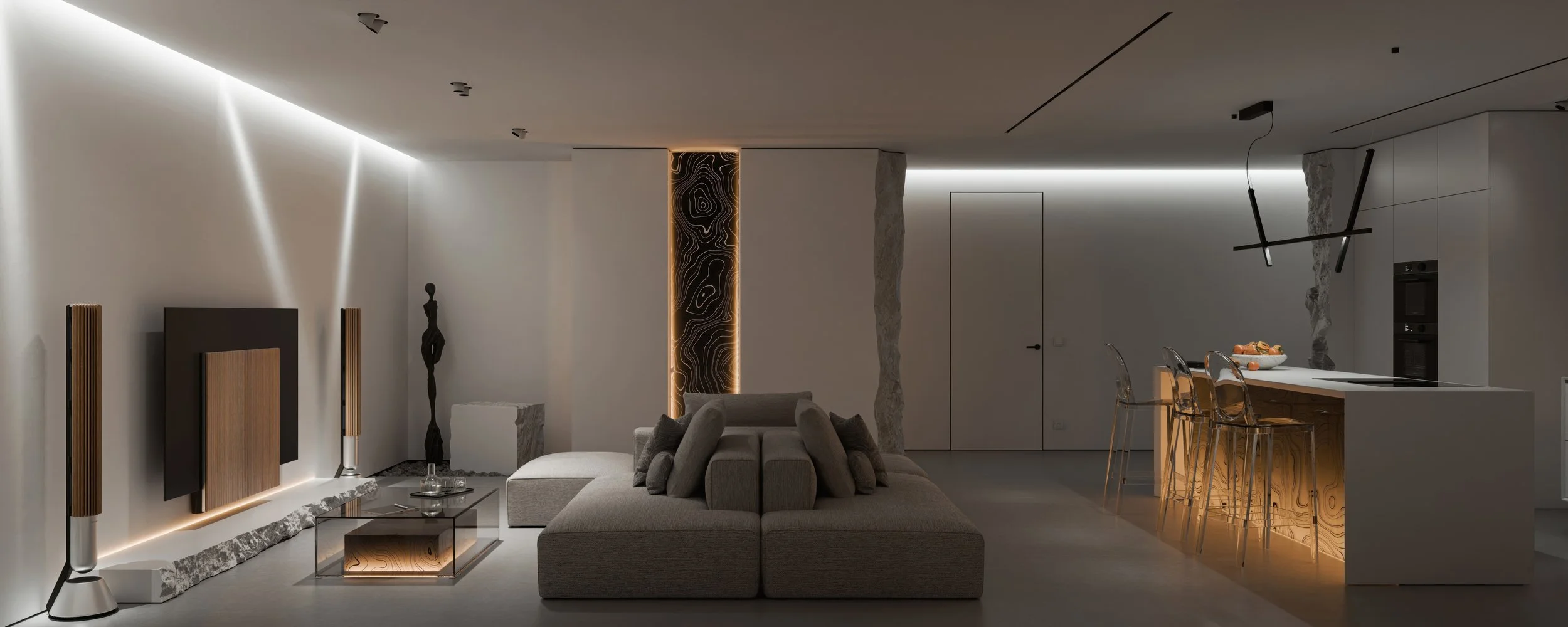 Modern open-concept living room and kitchen with minimalist design, neutral tones, ambient lighting, and stylish decor.