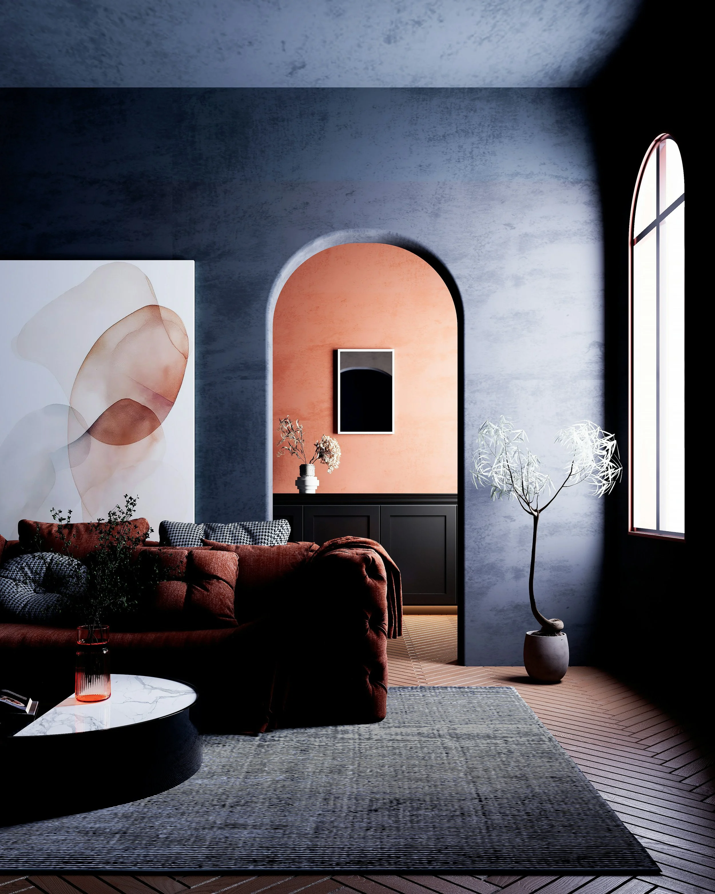 Modern living room with a red sofa, abstract wall art, a black and white rug, and a potted plant near a large window that lets in natural light. There's a pastel-colored wall with a mirror and a decorative arrangement on a black console.