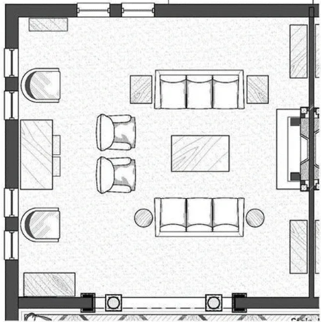 Floor plan of a living room with two sofas, two armchairs, coffee table, two side tables, television, and windows.