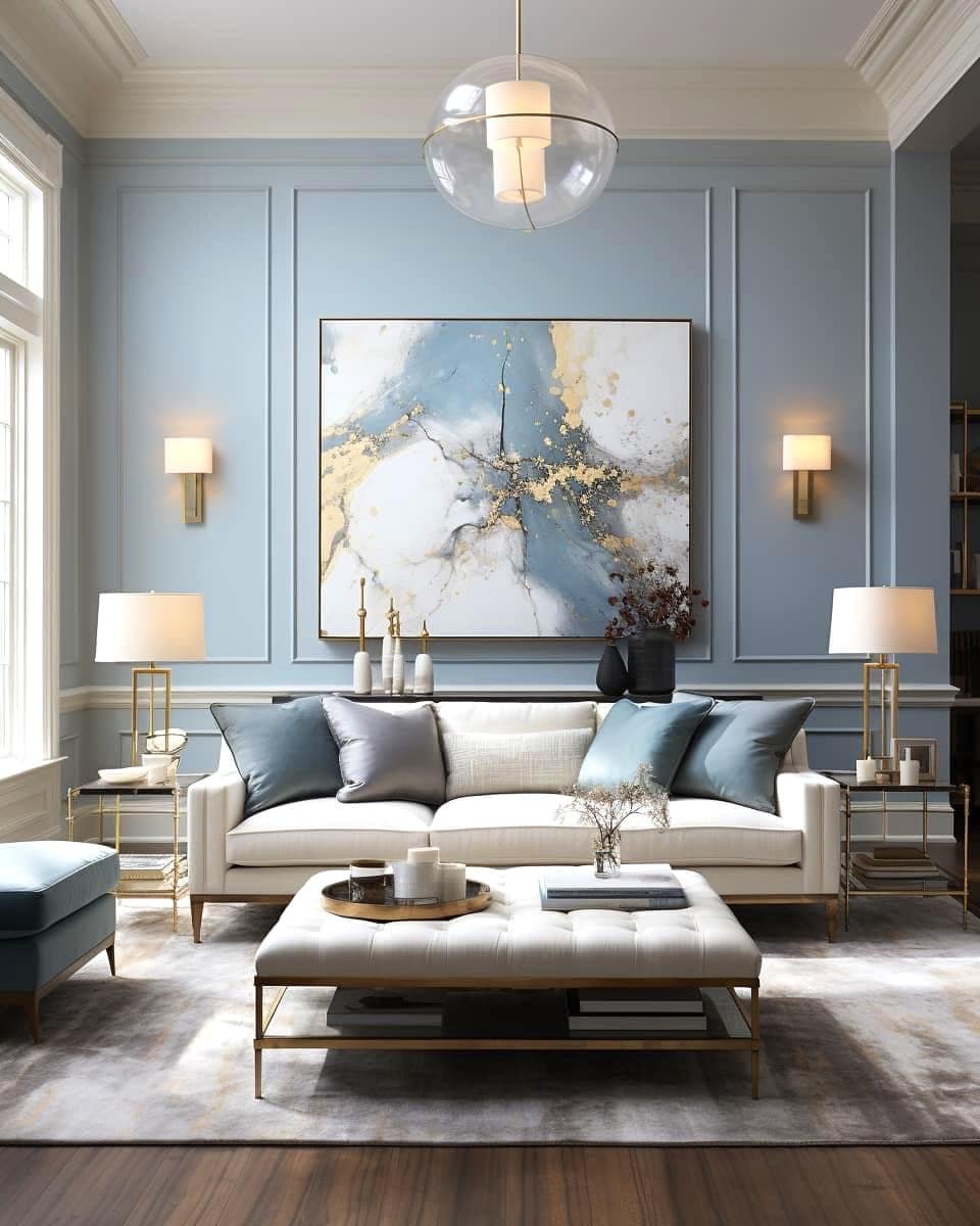 Blue lounge with traditional panelling, cream sofa and brass accents
