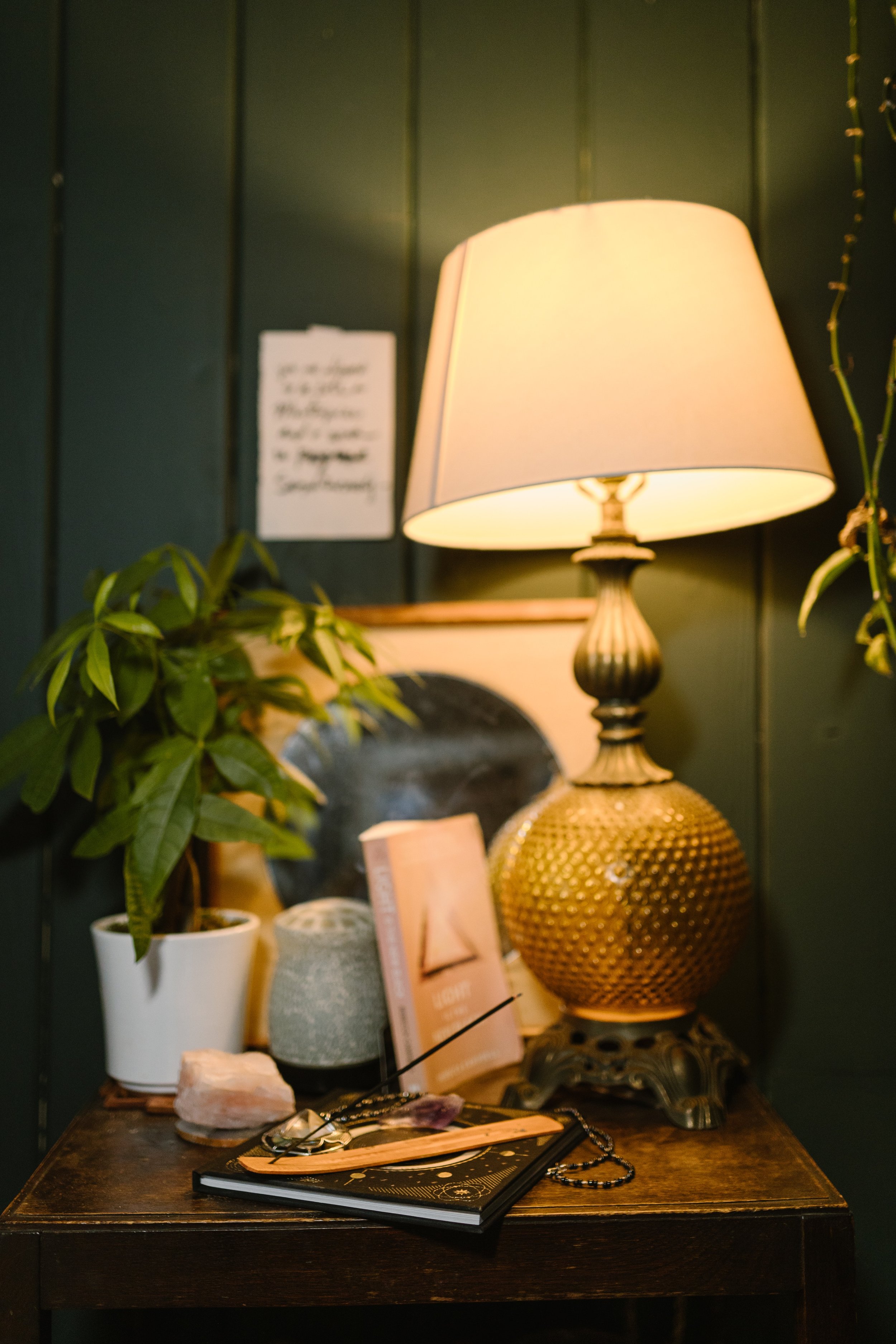 Brass and glass table lamp in front of a rich green wall with a plant and decorative objects