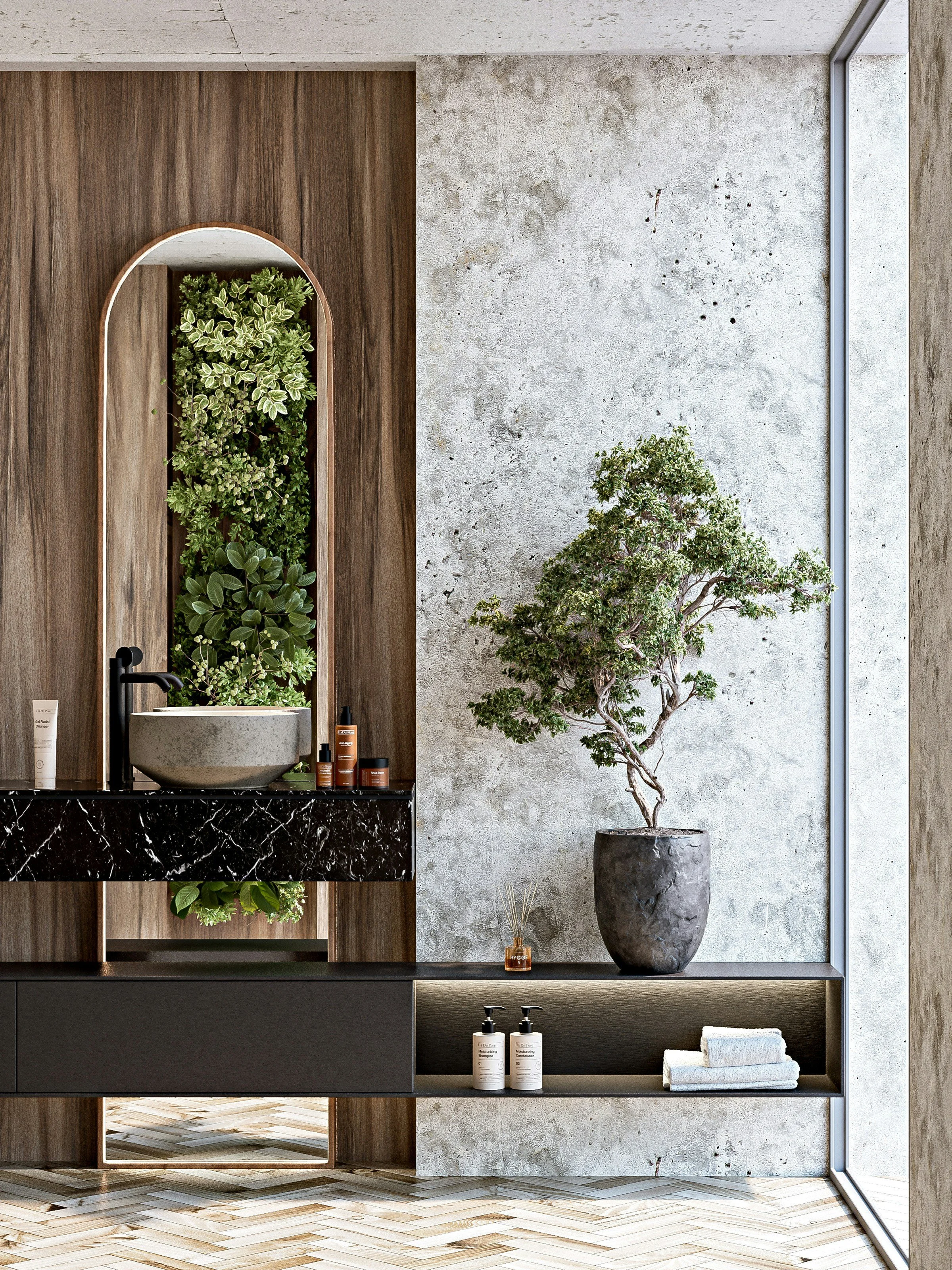 A stunning bathroom with mix of textures - concrete, dark and light woods and black marble