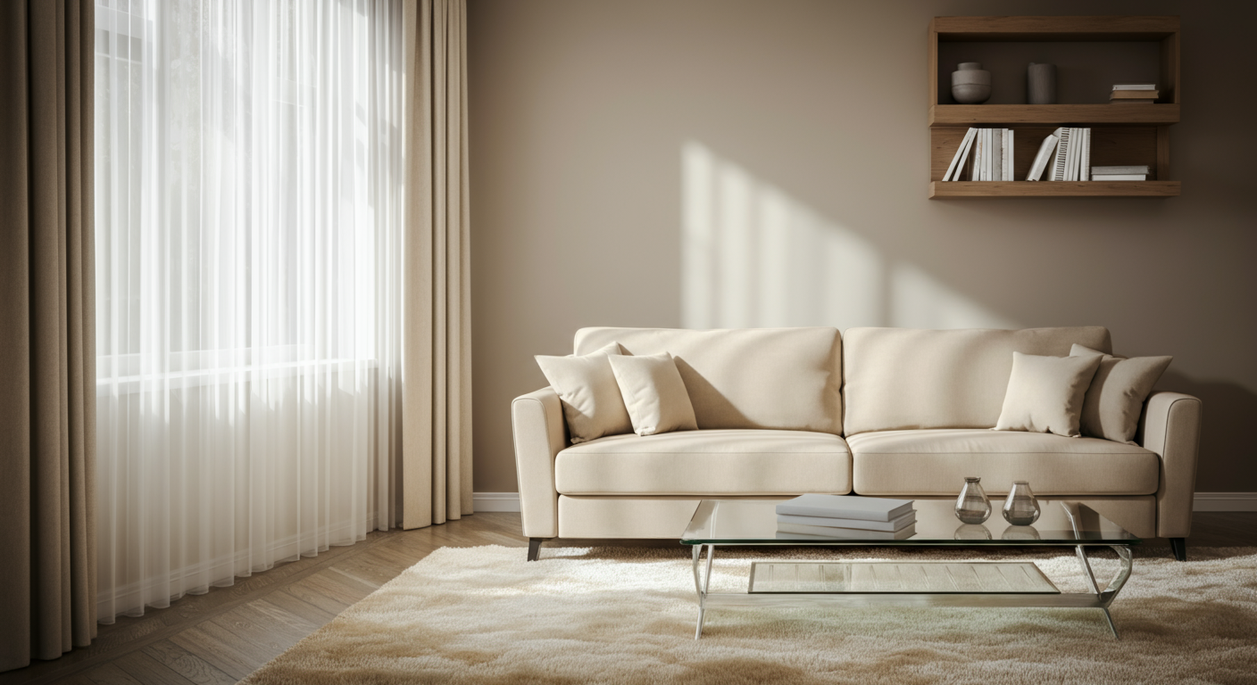 Sala de estar minimalista con sofá beige, cortinas blancas, mesa de vidrio con libros y jarrones, estantería de madera con libros y objetos decorativos, y alfombra clara.
