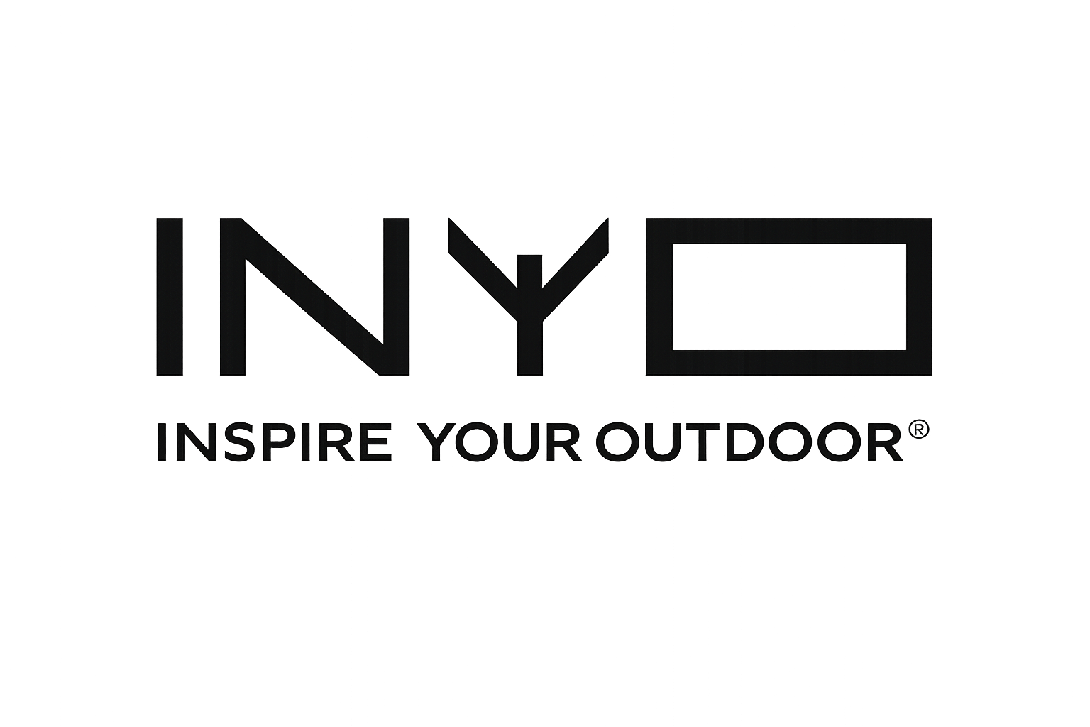 Logotipo de INY con un diseño de tarjeta o etiqueta a la derecha y el lema 'Inspire Your Outdoor' en la parte inferior