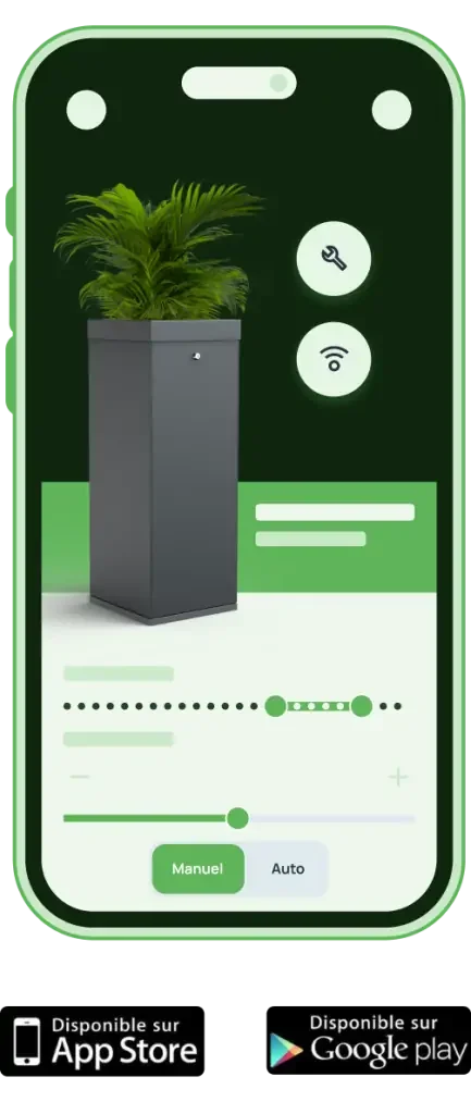 Pantalla de teléfono inteligente que muestra una aplicación para controlar una maceta inteligente con una planta verde, controles para ajustar la luz y agua, y opciones de control manual o automático.