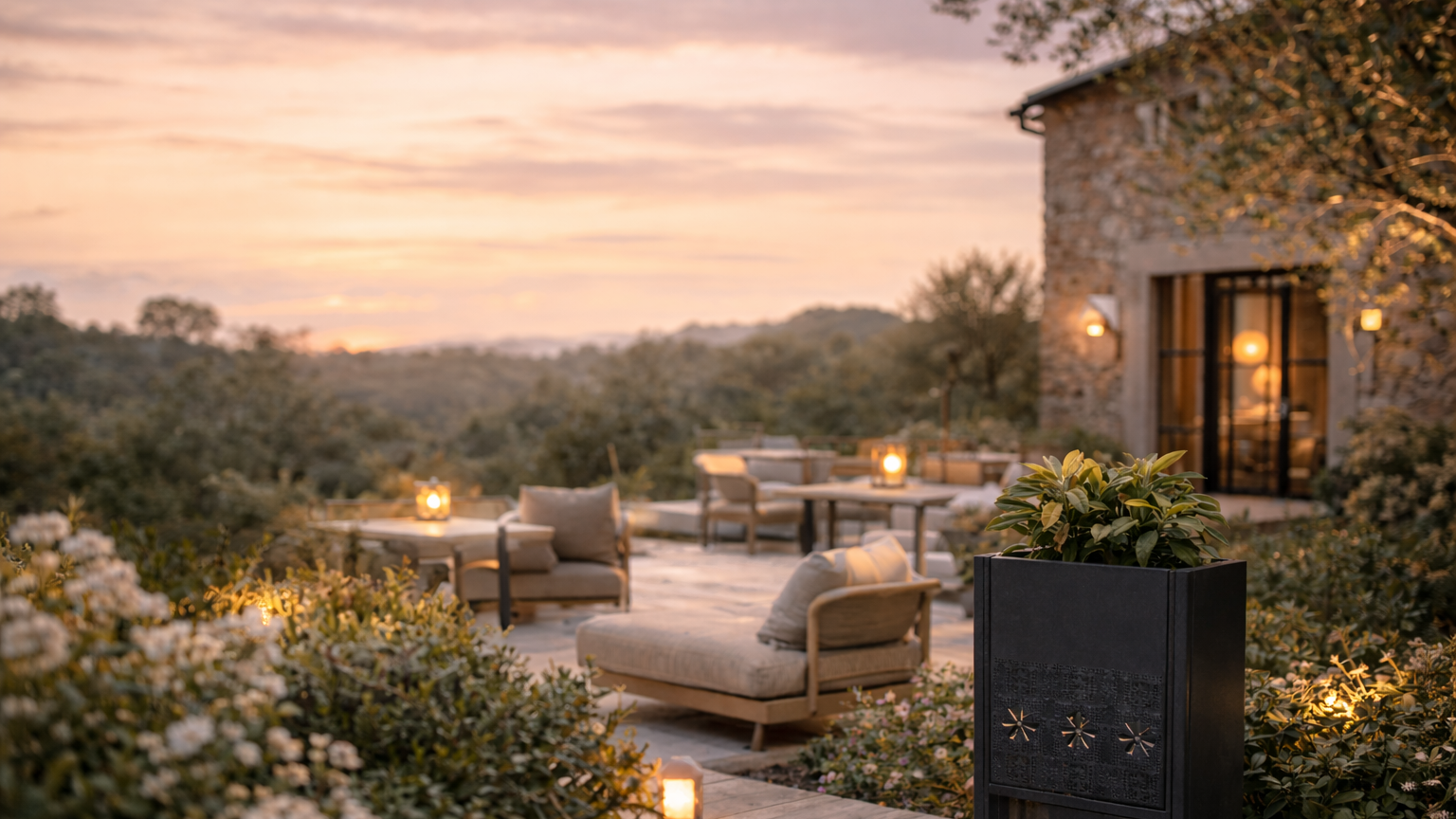 Área de terraza exterior con muebles y velas, en un entorno natural durante el atardecer.