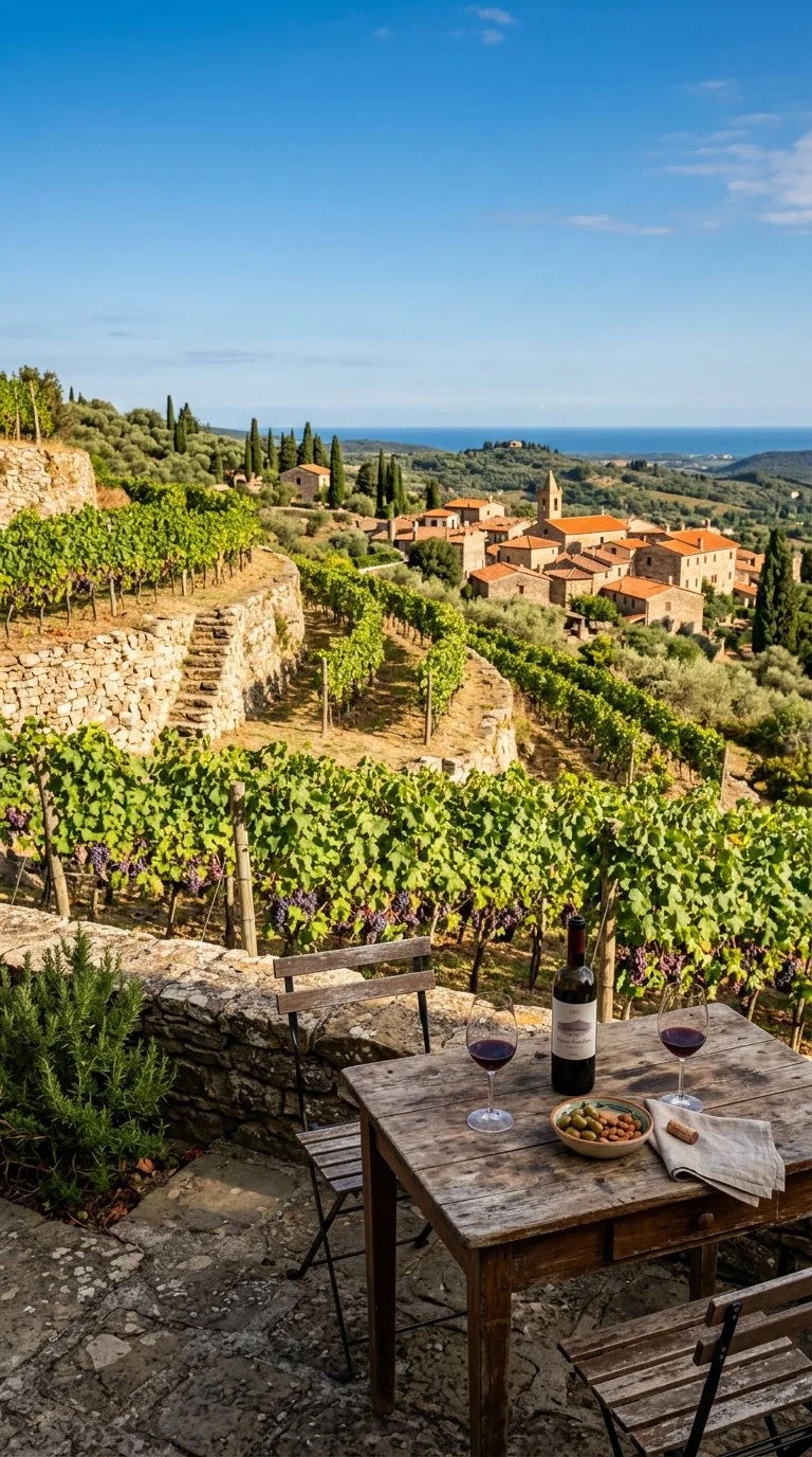 A scenic view of vineyards on a hillside overlooking a village with terracotta rooftops and a church steeple, with the ocean in the distance under a partly cloudy sky, seen from an outdoor patio with a wooden table set with a bottle of red wine, two glasses, a bowl of snacks, and a cloth.
