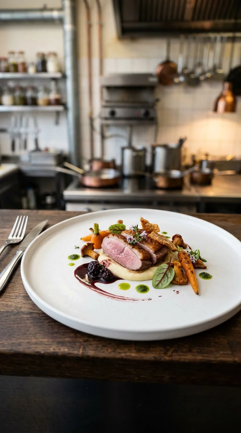 A gourmet plate with sliced pink meat, mashed potatoes, roasted vegetables, and sauce, garnished with herbs, on a white round plate in a restaurant kitchen setting.