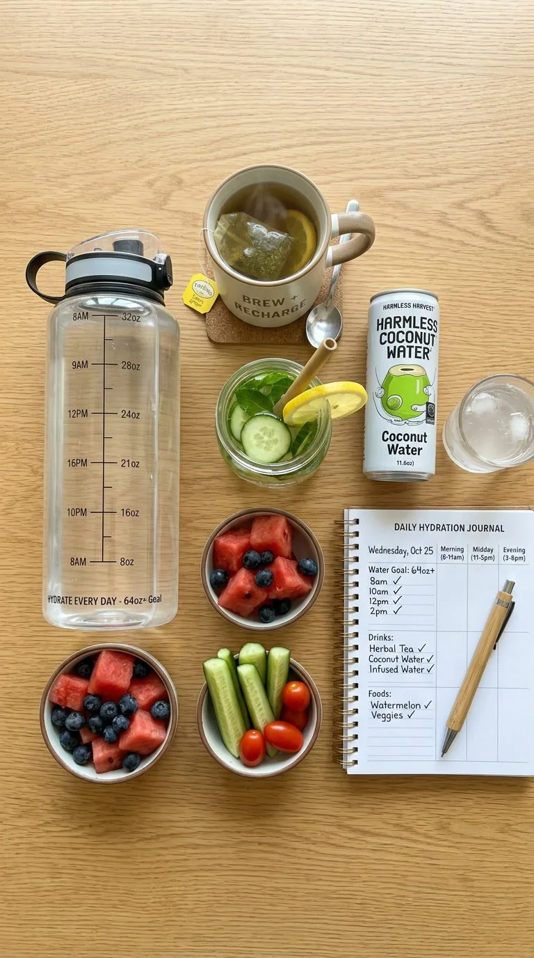 A wooden table with a large clear water bottle, a mug with tea, a jar of cucumber and lemon water, a can of coconut water, two bowls of watermelon and blueberries, a bowl with cherry tomatoes, cucumber slices, and cherry tomatoes, and a daily hydration journal with a pen.