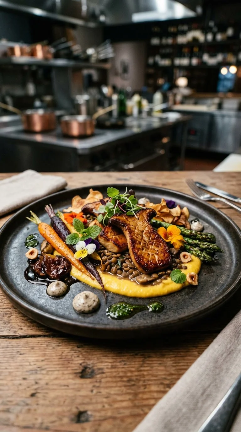 A plated gourmet dish with seared fish, roasted vegetables, and edible flowers, served on a black plate in a professional kitchen setting.