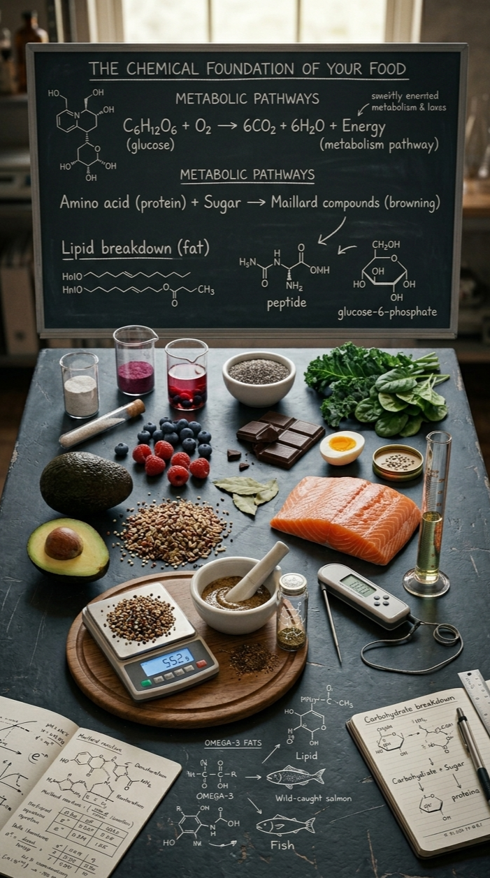 Blackboard explaining the chemical foundation of food, including metabolic pathways for glucose and amino acids, and lipid breakdown. Below are various foods and supplements on a table, such as berries, avocado, salmon, chocolate, herbs, grains, and scientific equipment like scales, beakers, and notebooks with chemical diagrams.