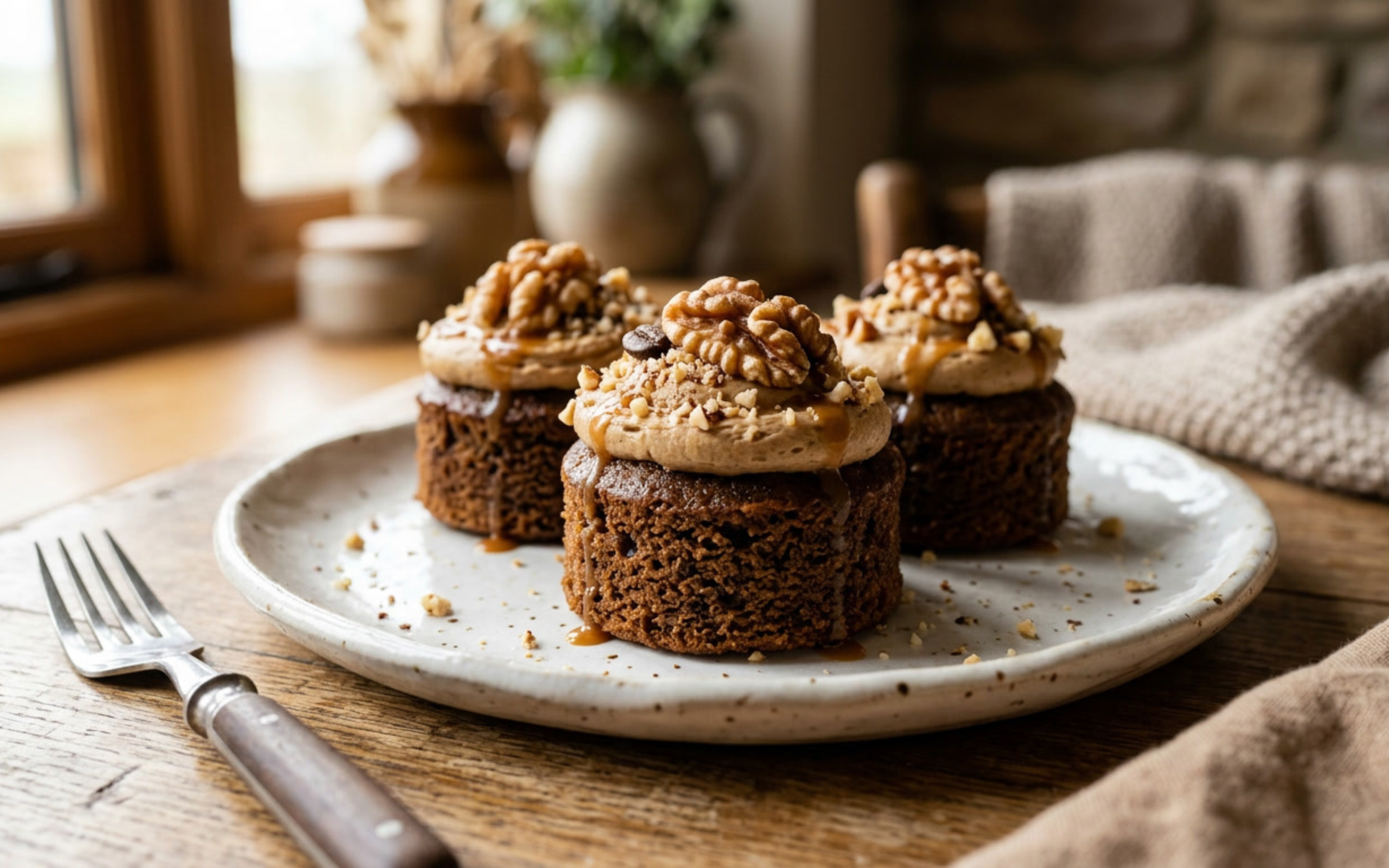 Three chocolate dessert cupcakes topped with whipped cream, chopped nuts, and caramel drizzle on a white plate outside near a window.
