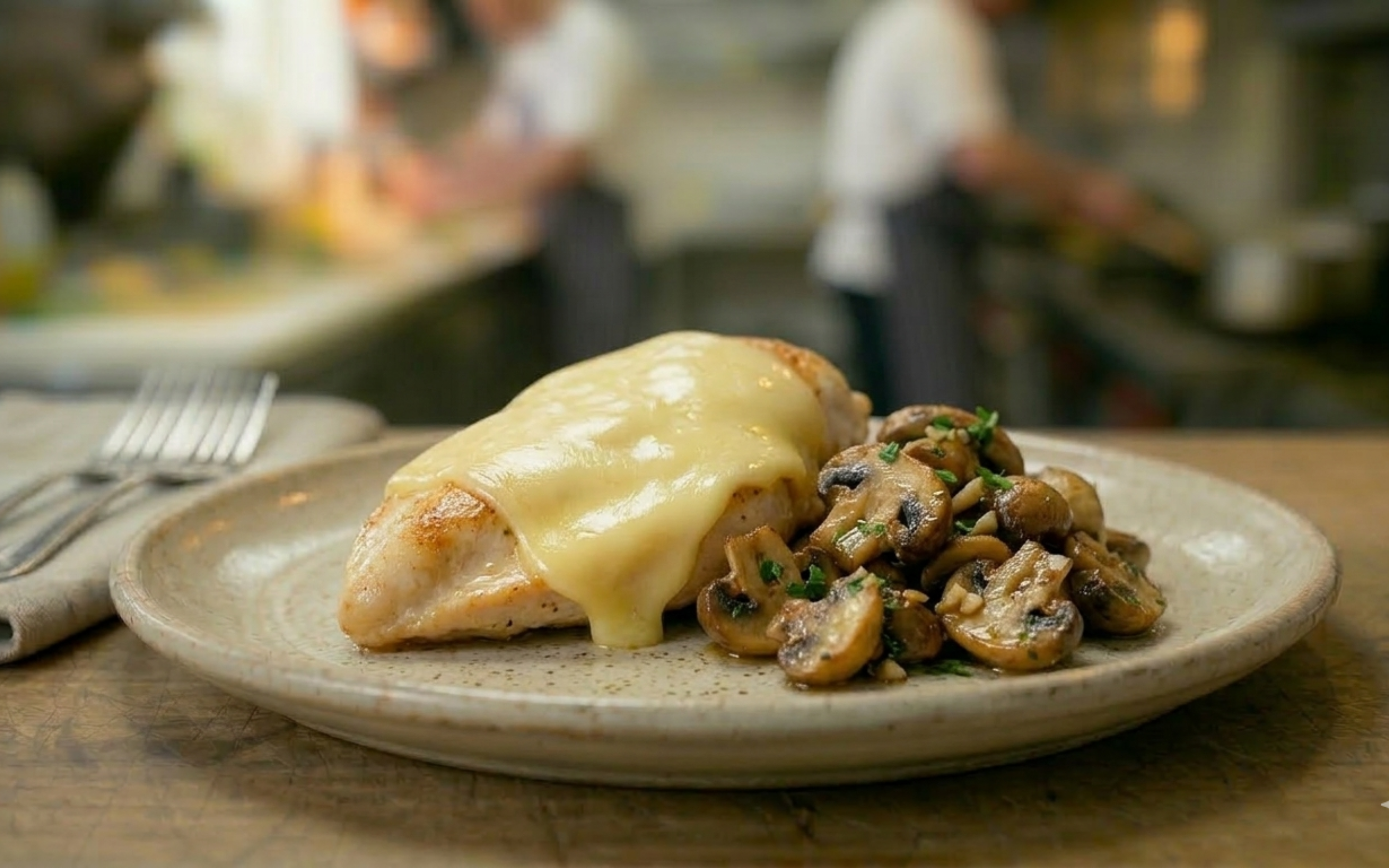 CHICKEN AND MUSRHOOMS IN A WHITE WINE SAUCE