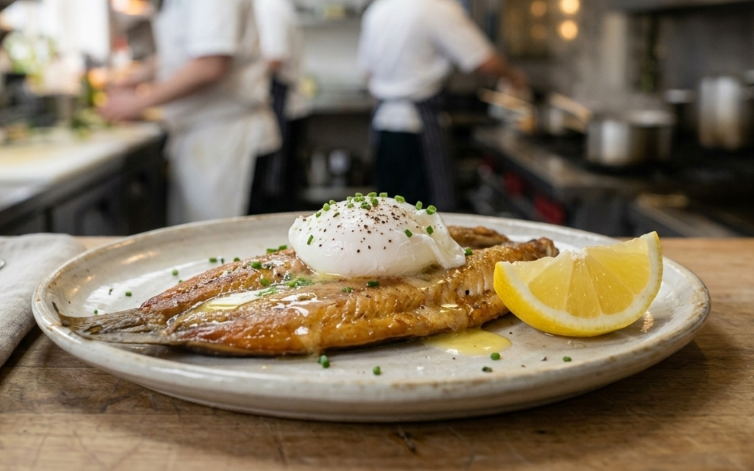 Plate of cooked fish garnished with a poached egg, chopped chives, fresh lemon wedge, and drizzled with sauce in a restaurant kitchen.