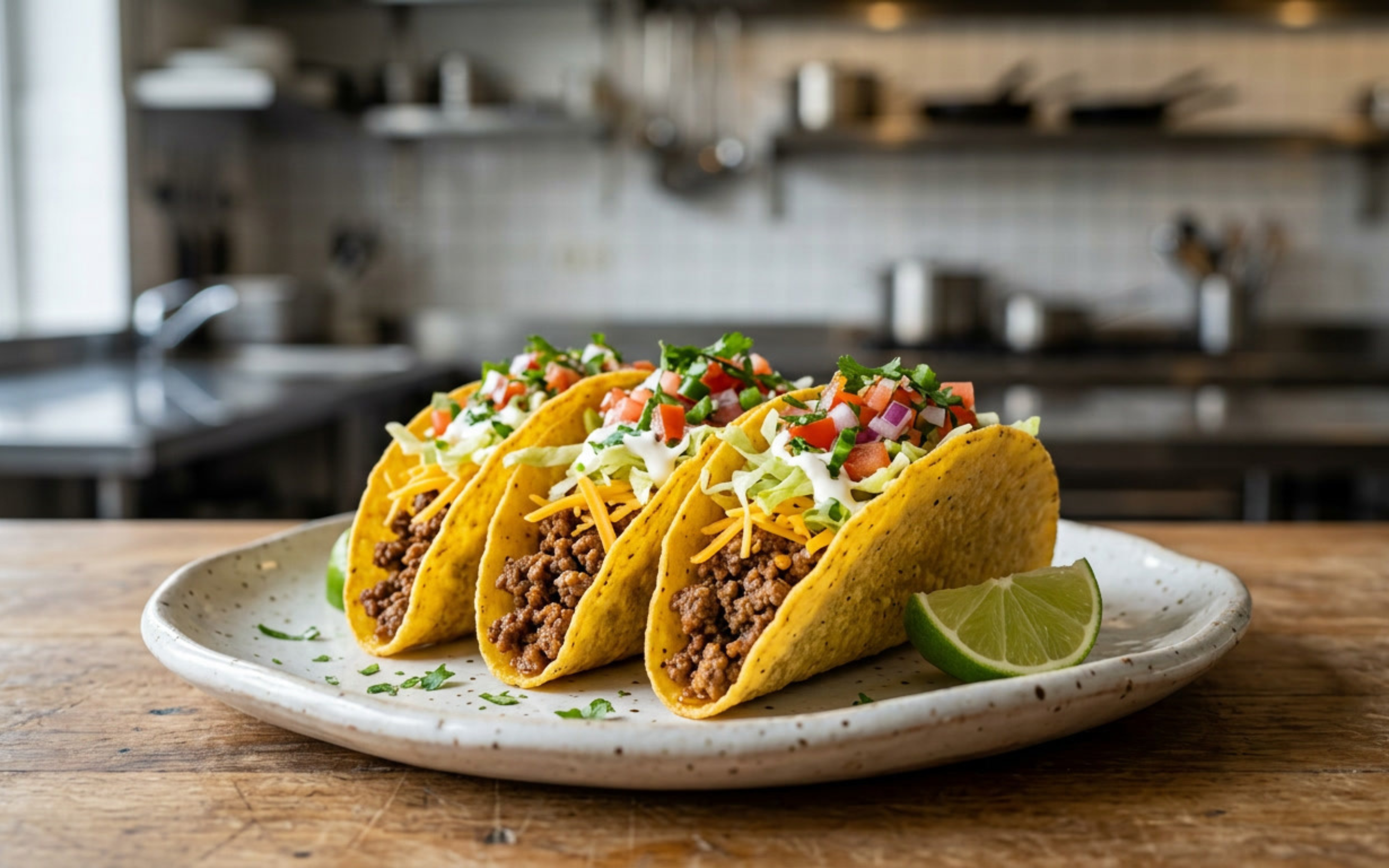 Three beef tacos with shredded lettuce, shredded cheese, chopped tomatoes, chopped onions, and cilantro, served with lime wedges on a speckled ceramic plate in a rustic kitchen setting.