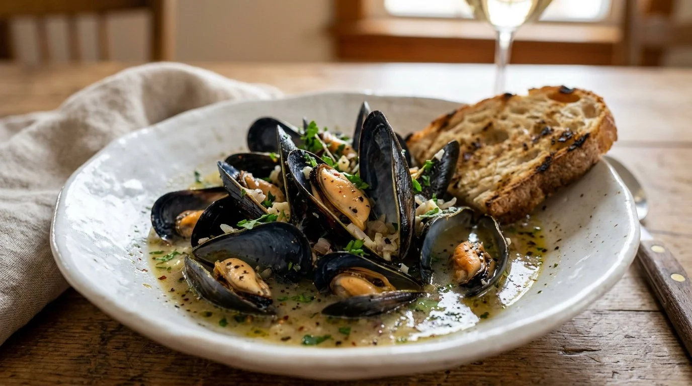STEAMED MUSSELS IN GARLIC WHITE WINE SAUCE