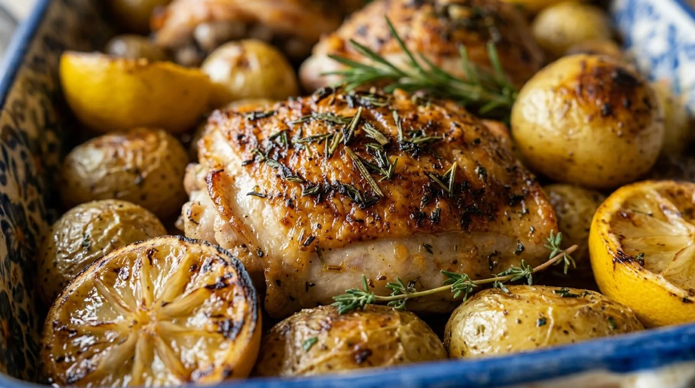 ROAST CHICKEN THIGHS WITH BABY POTATOS AND LEMON AND BUTTER SAUCE