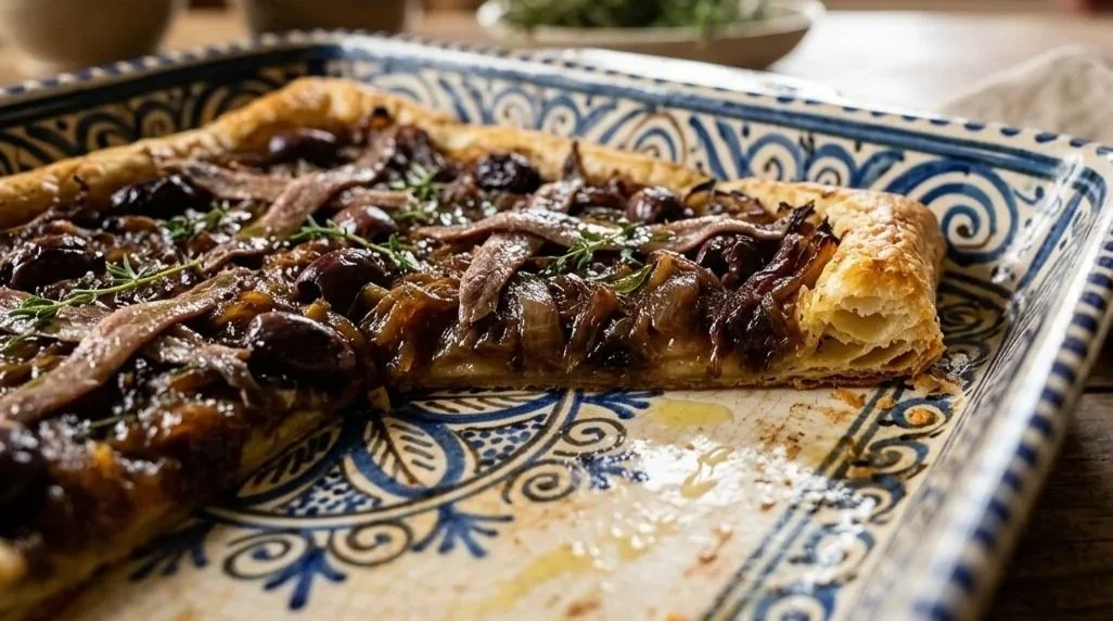 FRENCH ONION, ANCHOVIES, AND OLIVES TART