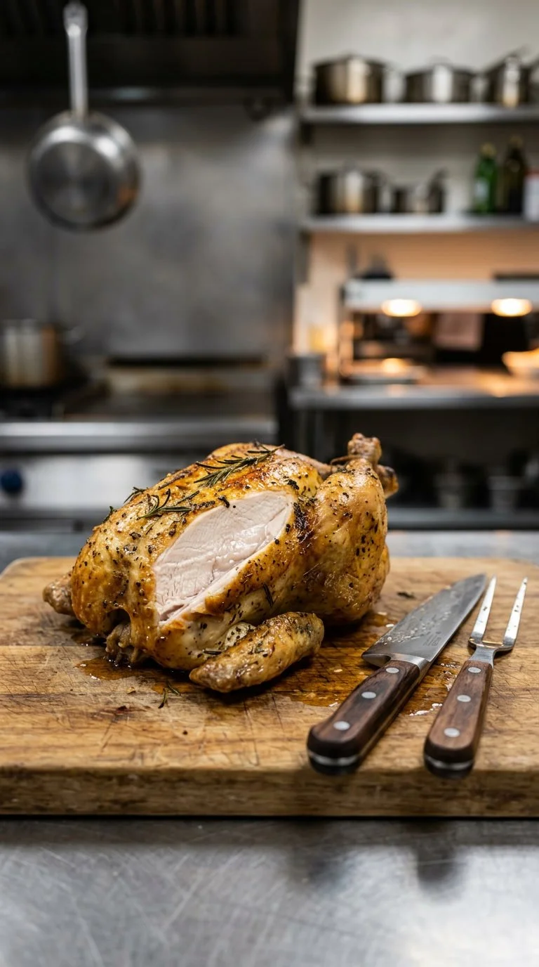 Roasted chicken garnished with herbs on a wooden cutting board in a professional kitchen.