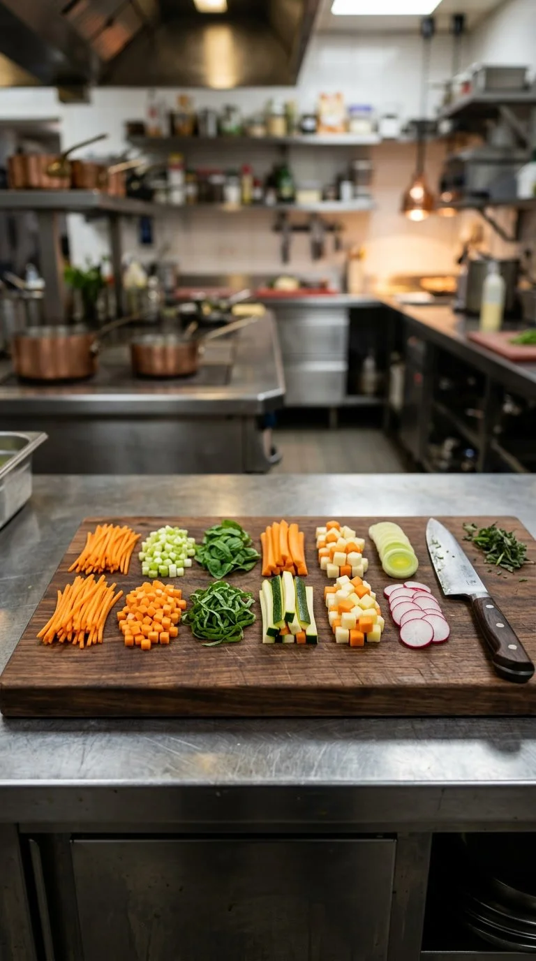 Various sliced vegetables prepared for cooking, including carrots, celery, spinach, zucchini, cheese, radishes, and herbs, arranged on a wood cutting board in a professional kitchen.
