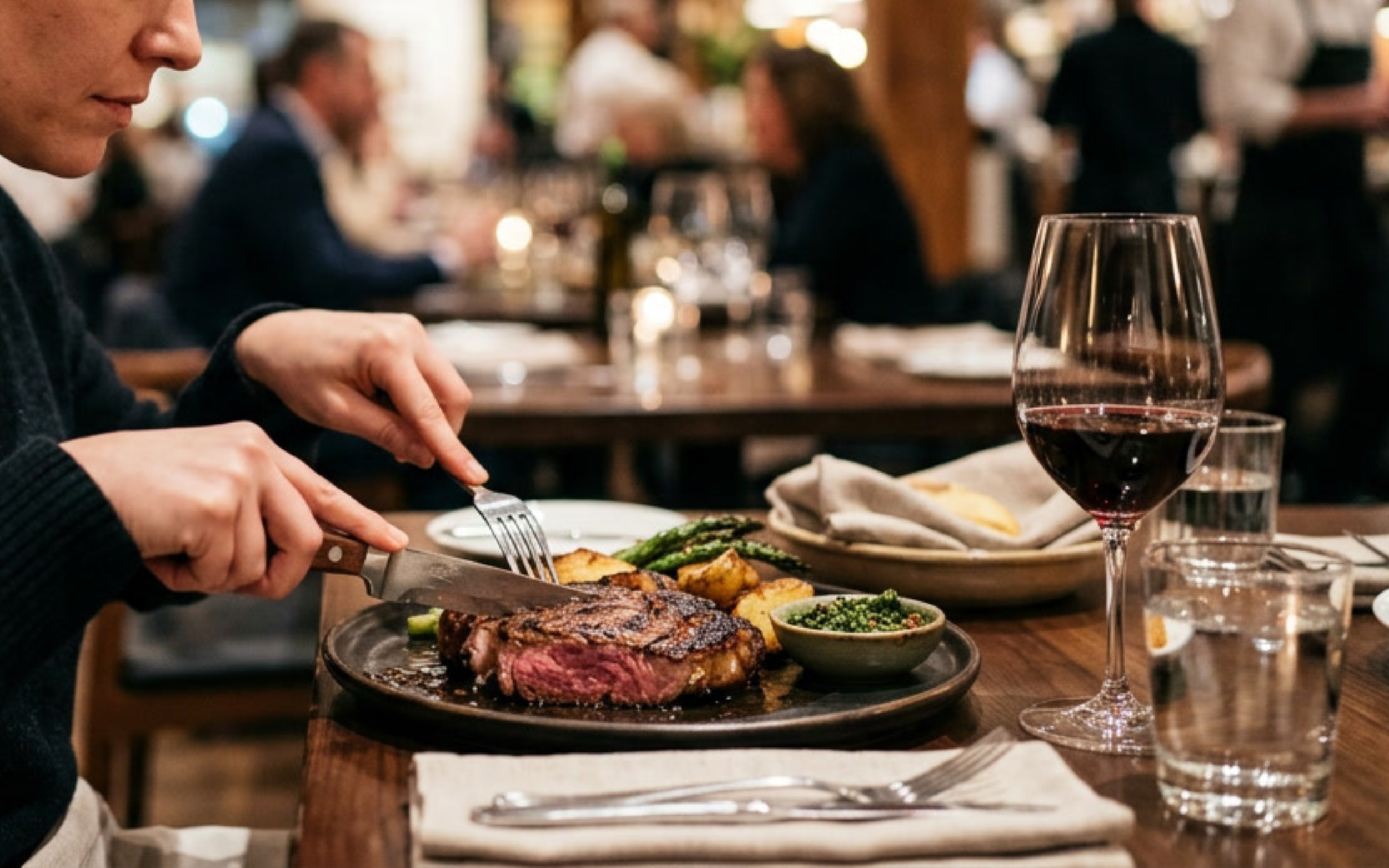 Person cutting into a medium-rare steak at a restaurant table with a glass of red wine, side of roasted potatoes, asparagus, and greens.