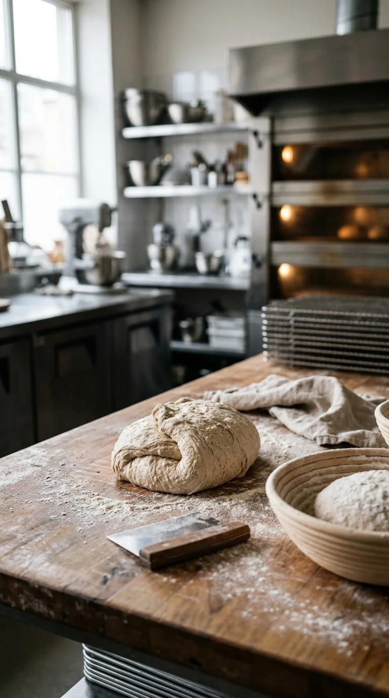 Dough on a floured wooden kitchen table with a bread knife, with another bowl of dough nearby. Shelves with kitchenware and an oven in the background.