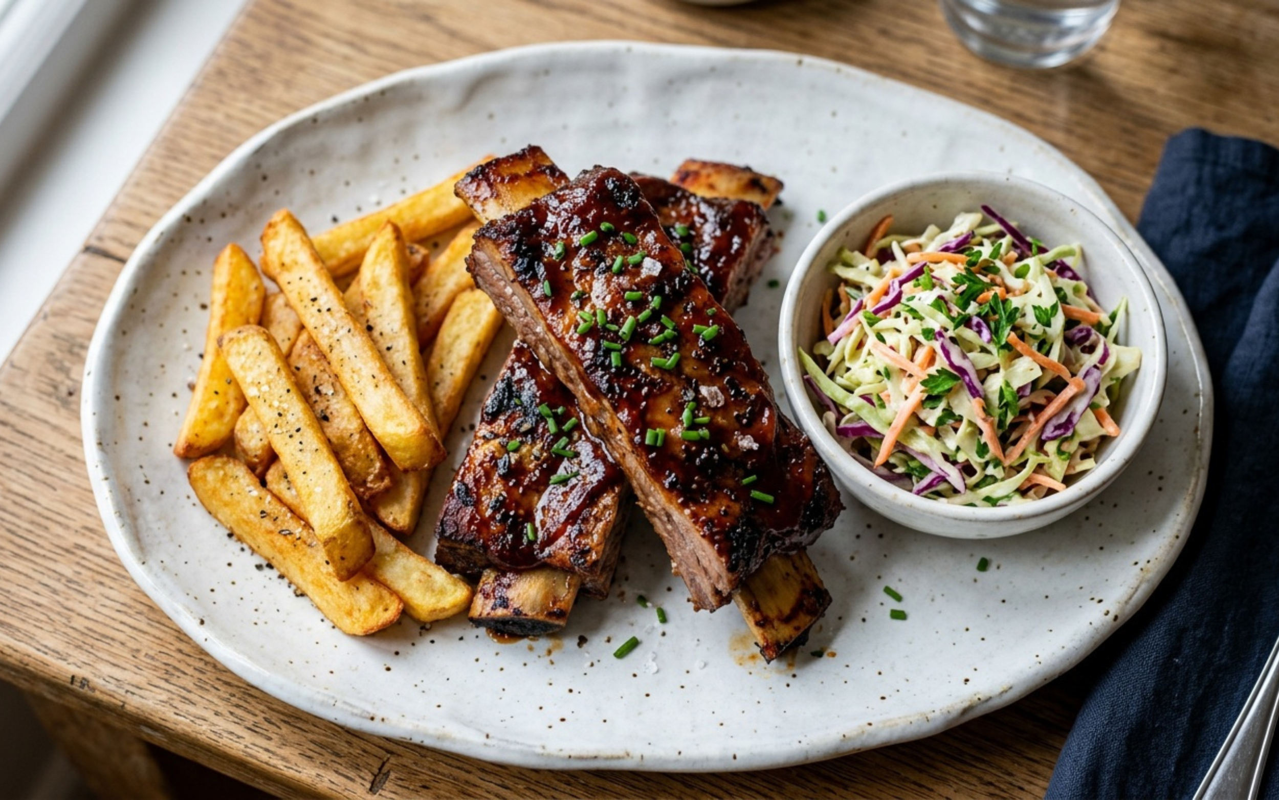 Barbecue ribs served with French fries and cole slaw on a ceramic plate