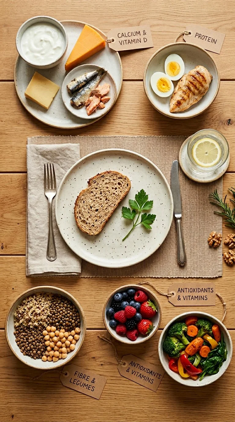 A healthy breakfast spread on a wooden table includes a plate with a slice of multigrain bread and parsley, a bowl of Greek yogurt, cheese, sardines, and salmon, and two small tagged desserts labeled 'Calcium & Vitamin D' and 'Protein'; a glass of lemon water, and three small bowls with berries, mixed vegetables, and lentils. Each bowl has a tag indicating health benefits like antioxidants, vitamins, fiber, and legumes.
