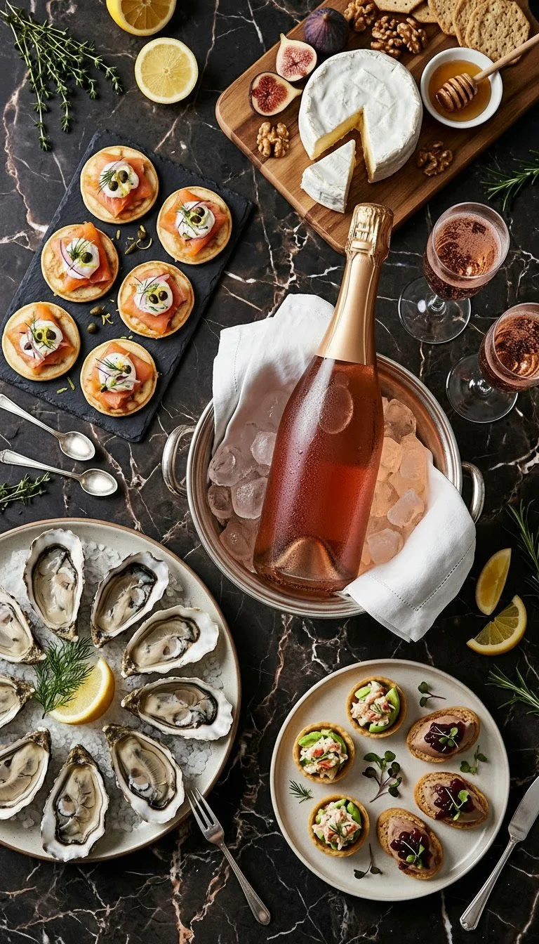 A table set with seafood, cheese, crackers, and drinks, including oysters on ice, small open-faced sandwiches with toppings, a wheel of soft cheese with figs and walnuts, a tray of salmon canapés, a bottle of rosé champagne in an ice bucket, and glasses of sparkling wine, garnished with lemon wedges and herbs.