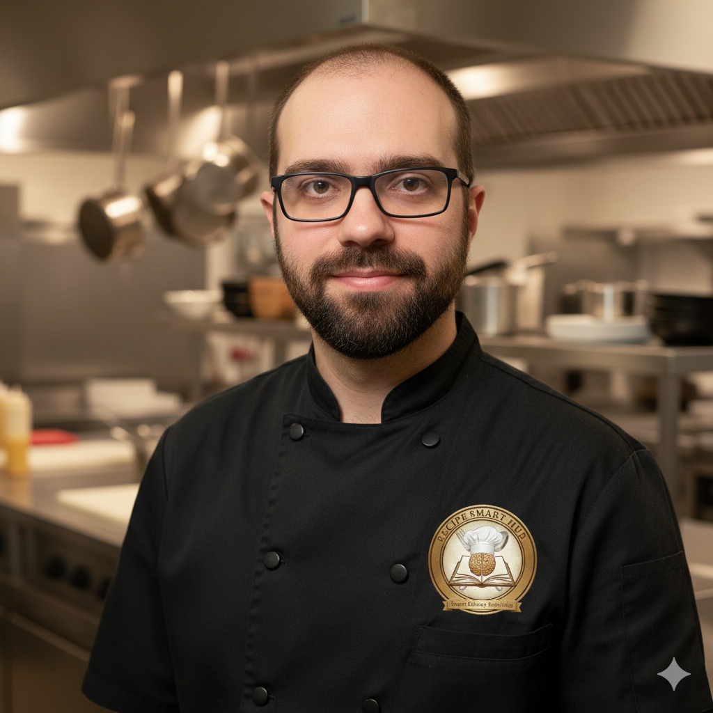 A male chef with glasses and a beard wearing a black chef's coat with a logo in a professional kitchen.