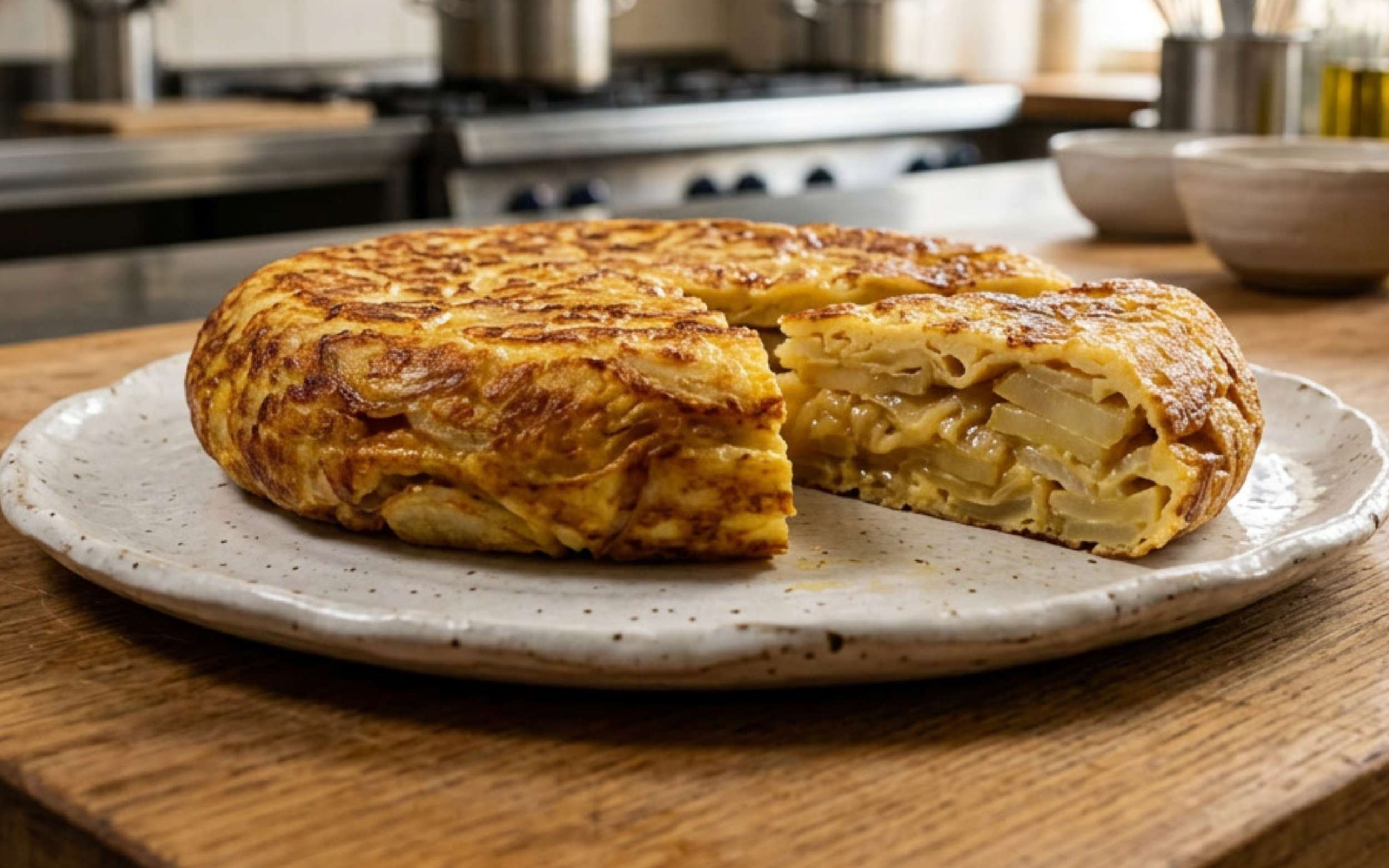 Potato omelette with sliced potatoes on a ceramic plate in a kitchen setting.