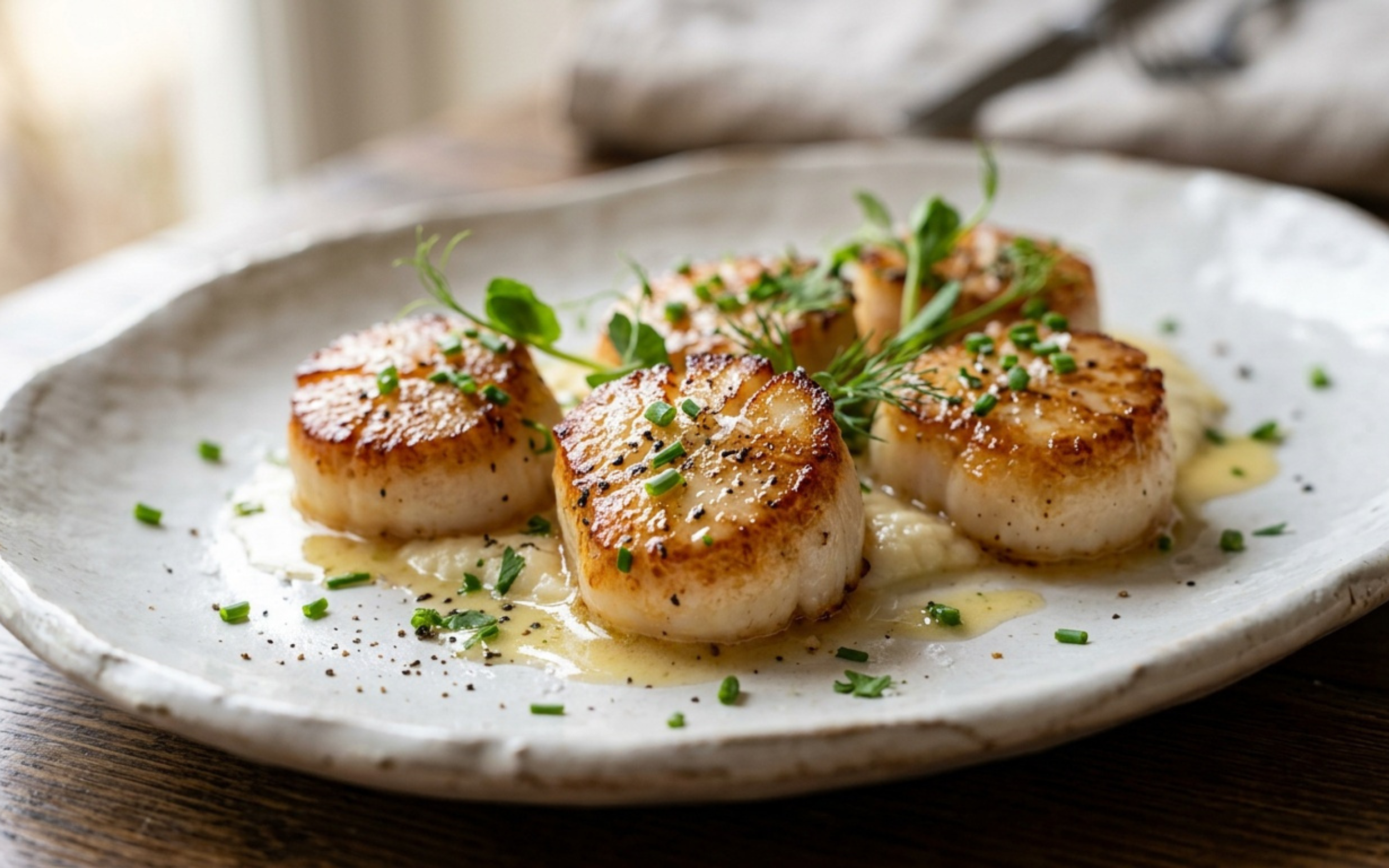 Seared scallops garnished with chopped chives and microgreens on a rustic white plate.