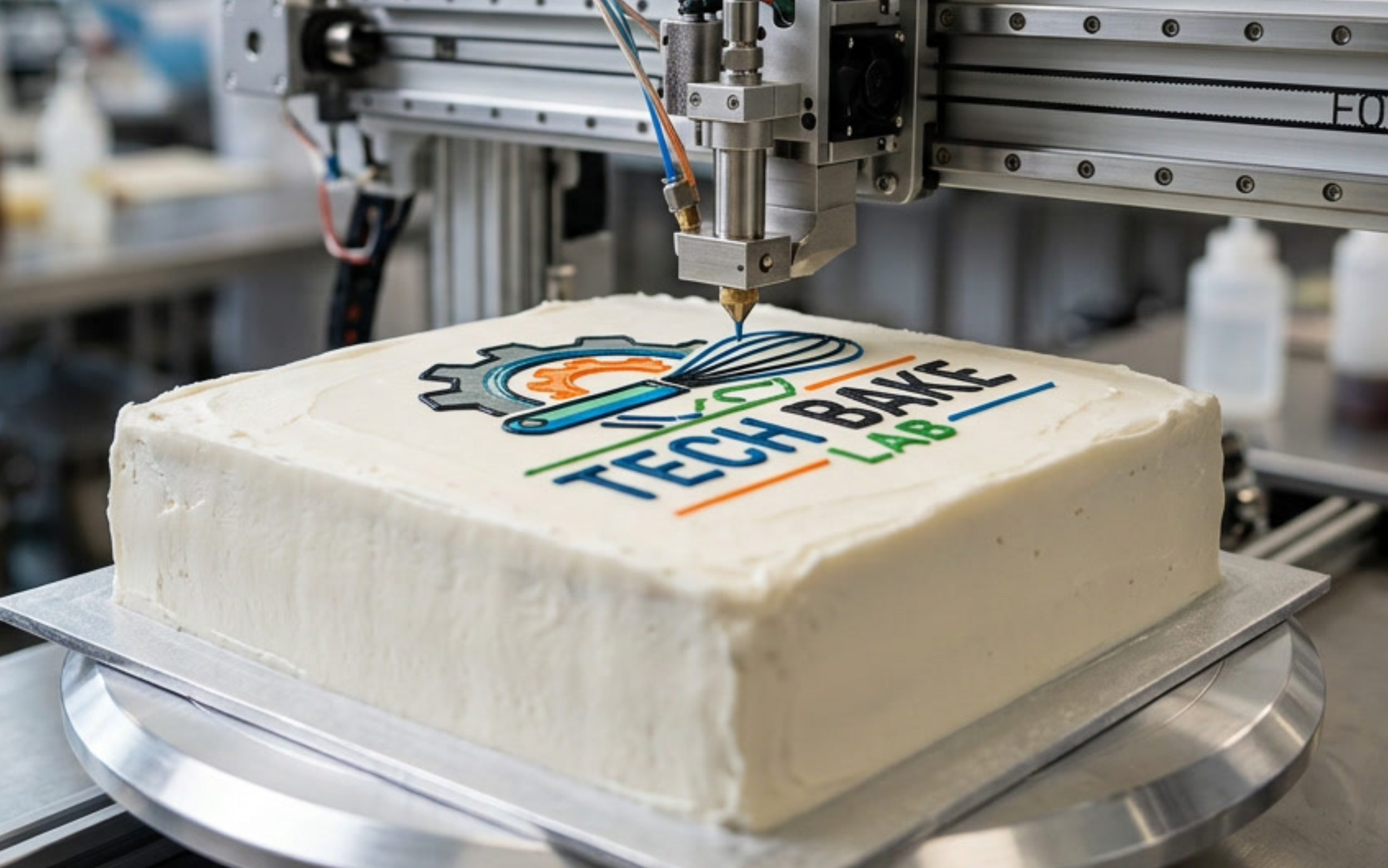 A large white cake being decorated with a logo for Tech Baffle Lab using a robotic cake decorating machine in a laboratory or industrial setting.