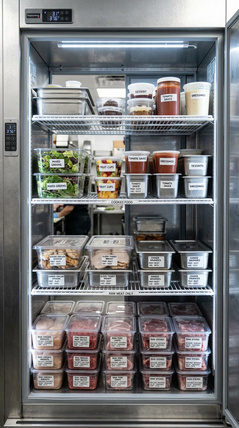 A commercial refrigerator filled with prepped food items, salads, sauces, and raw meats labeled and stored on metal shelves.