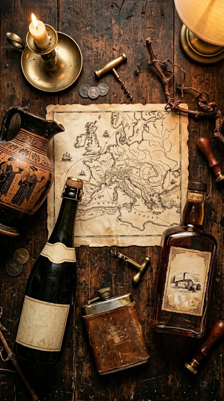 An antique map of Europe surrounded by vintage items including a candle, coins, a dusty bottle, a flask, a ceramic vessel with ancient figures, and various small tools on a wooden tabletop.