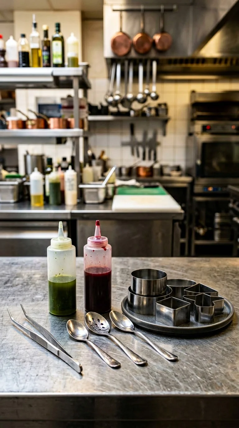 Kitchen countertop with squeeze bottles of green and red sauces, metal measuring cups, metal spoons, and kitchen tweezers, with a professional kitchen in the background.