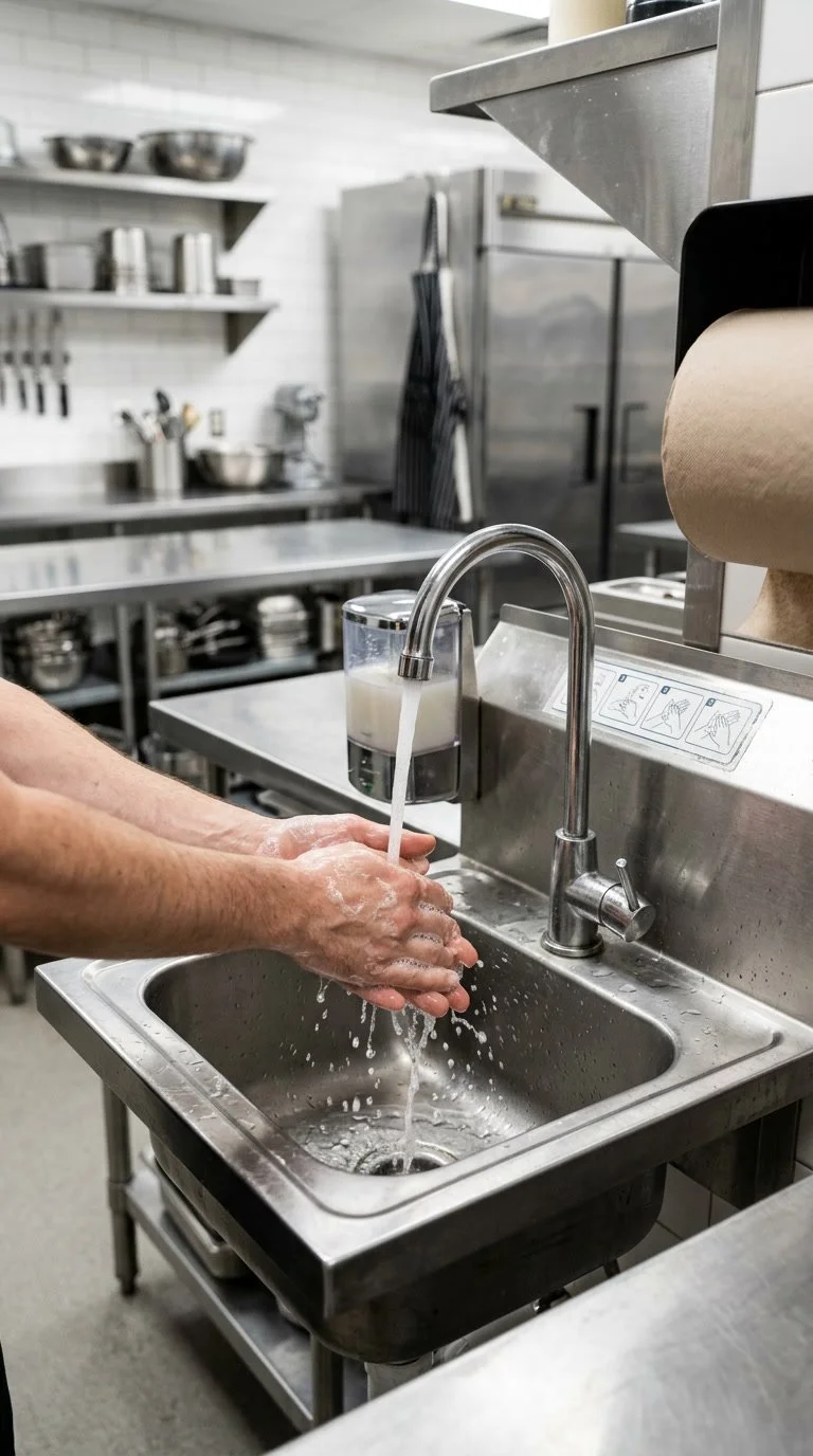 Person washing hands under a running faucet in a commercial kitchen.