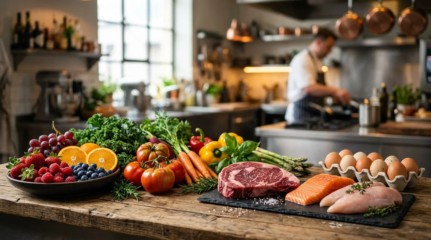 Fresh vegetables, fruits, eggs, and raw meats arranged on a rustic wooden kitchen island, with a chef cooking in the background.