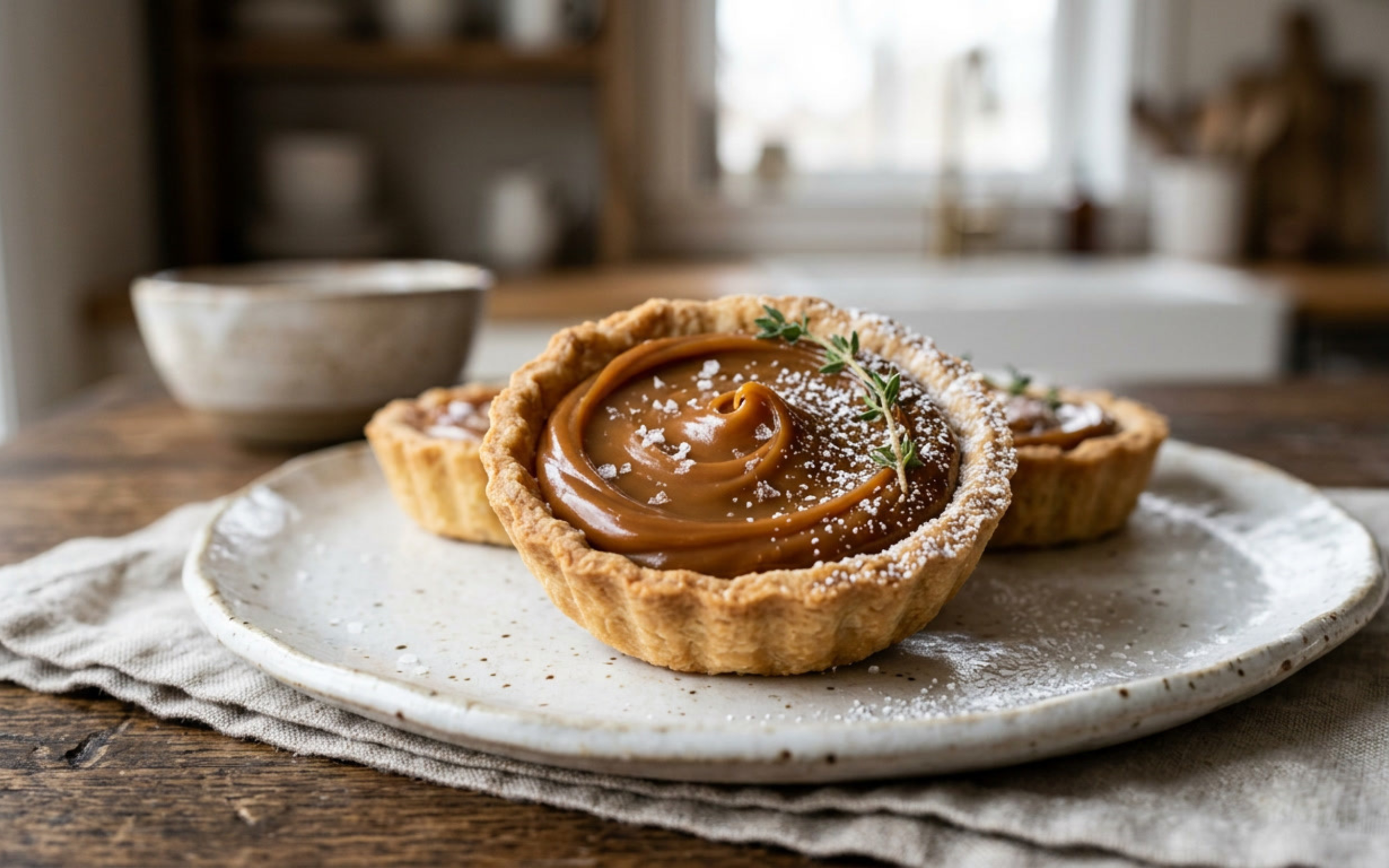 Close-up of two caramel-filled tartlets with a sprig of thyme, dusted with powdered sugar, on a rustic ceramic plate on a wooden table.