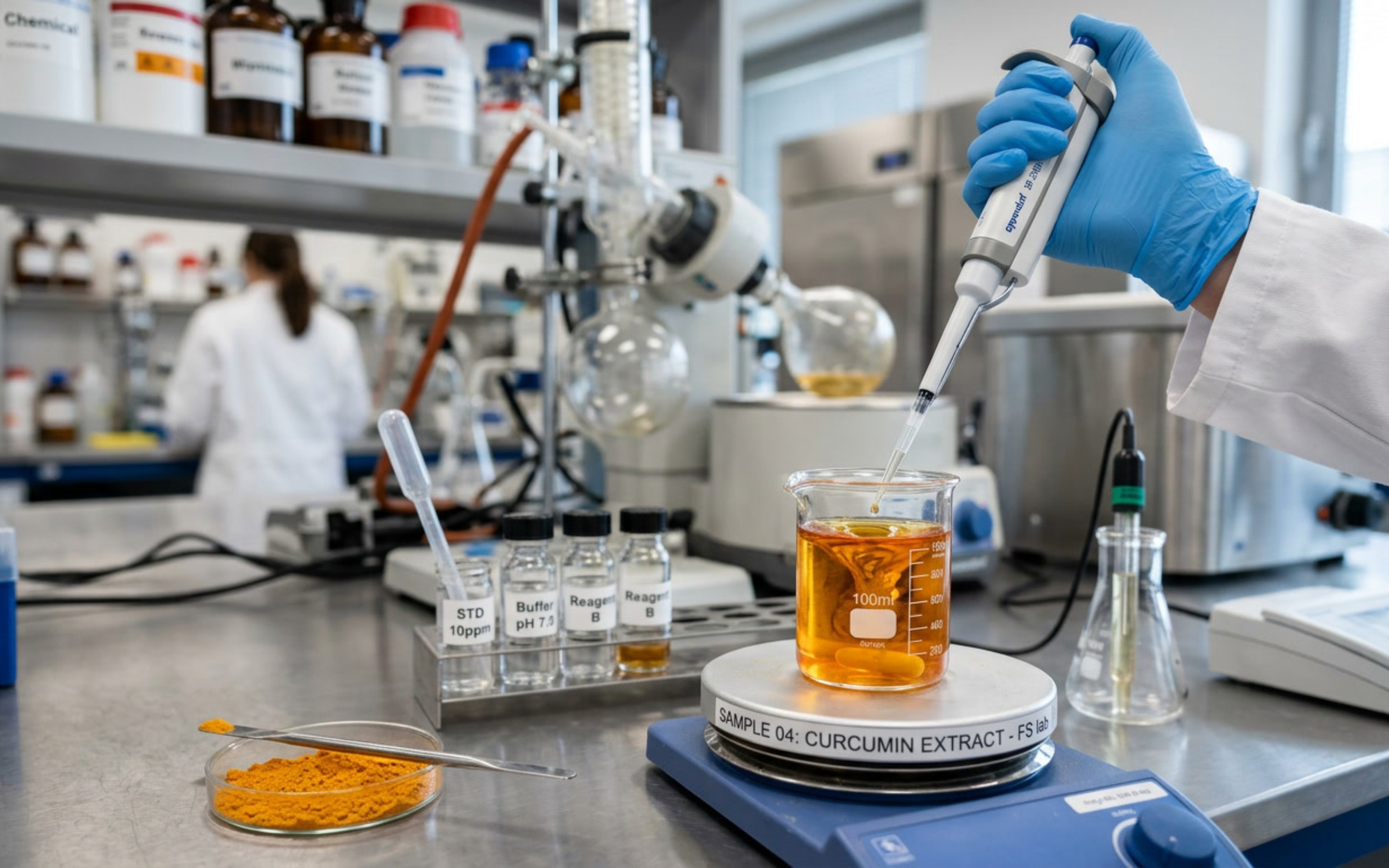 A scientist wearing gloves and a white lab coat uses a pipette to transfer liquid into a beaker labeled 'Sample 04: Curcumin Extract.' Other laboratory equipment includes test tubes, glass flasks, and chemical bottles on shelves.