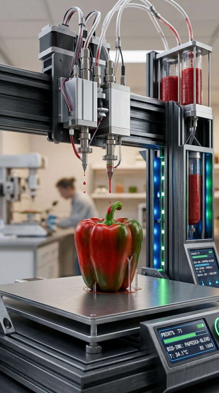 A robotic system with tubes and cylinders above a red and green bell pepper on a digital scale, in a laboratory setting.