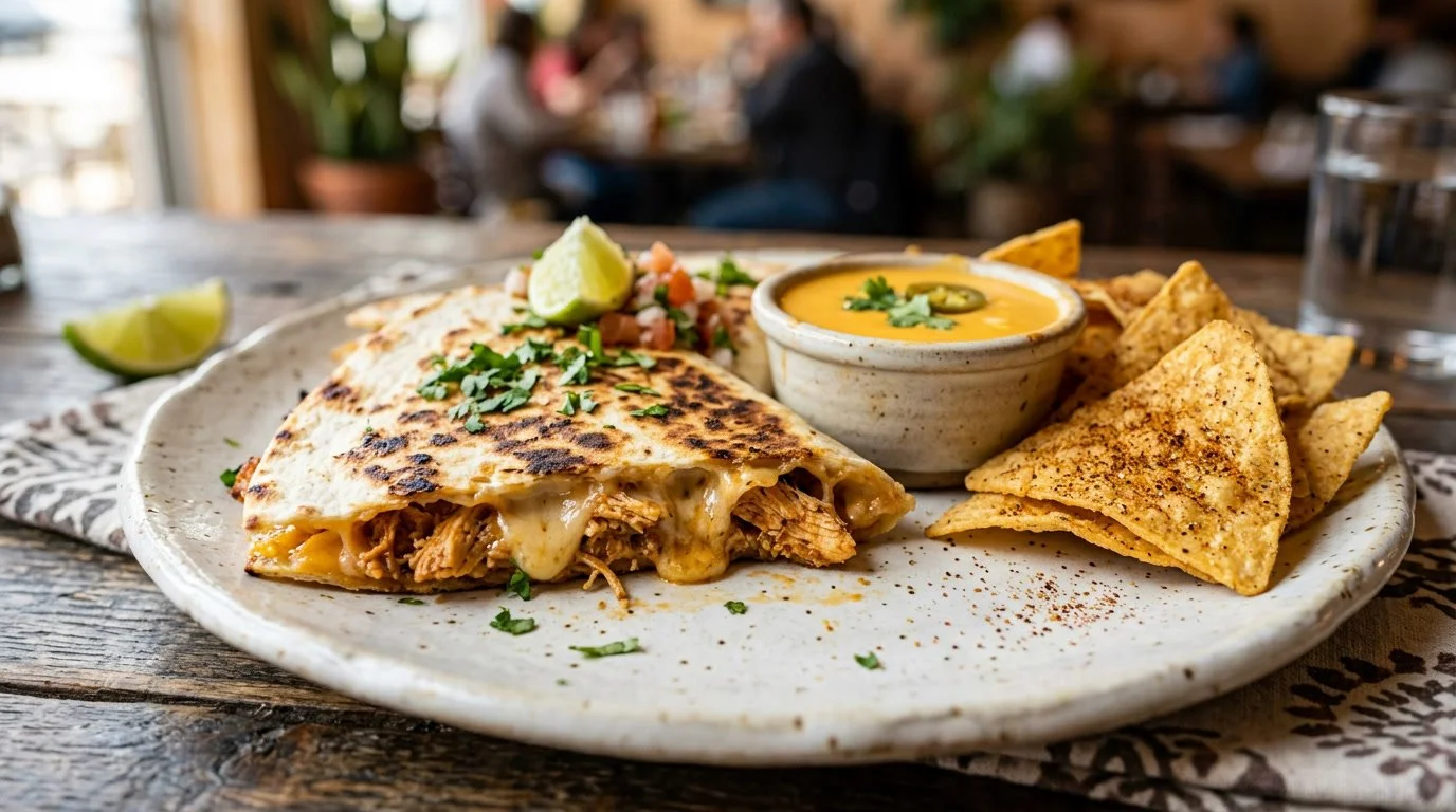 Plate of chicken enchiladas with melted cheese, garnished with cilantro and lime, served with side of nacho chips and creamy yellow sauce, on a wooden table in a restaurant setting.