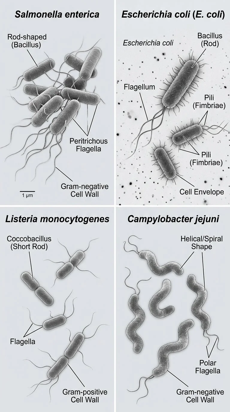 Illustration of four different bacteria species: Salmonella enterica, Escherichia coli, Listeria monocytogenes, and Campylobacter jejuni, showing their shapes and structures such as flagella, cell walls, and other features.